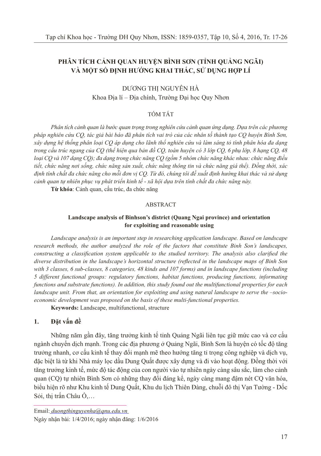 Phân tích cảnh quan huyện Bình Sơn (tỉnh Quảng Ngãi) và một số định hướng khai thác, sử dụng hợp lí trang 1