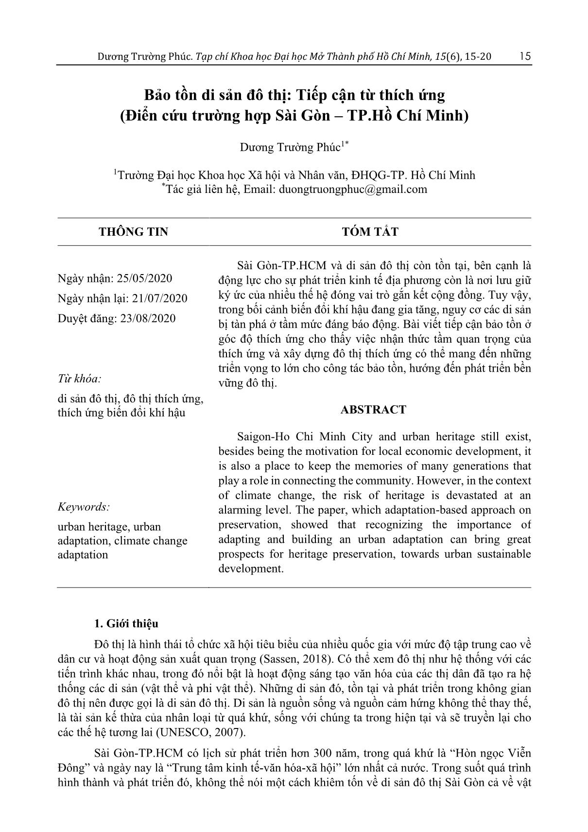 Bảo tồn di sản đô thị: Tiếp cận từ thích ứng (Điển cứu trường hợp Sài Gòn - TP.Hồ Chí Minh) trang 1