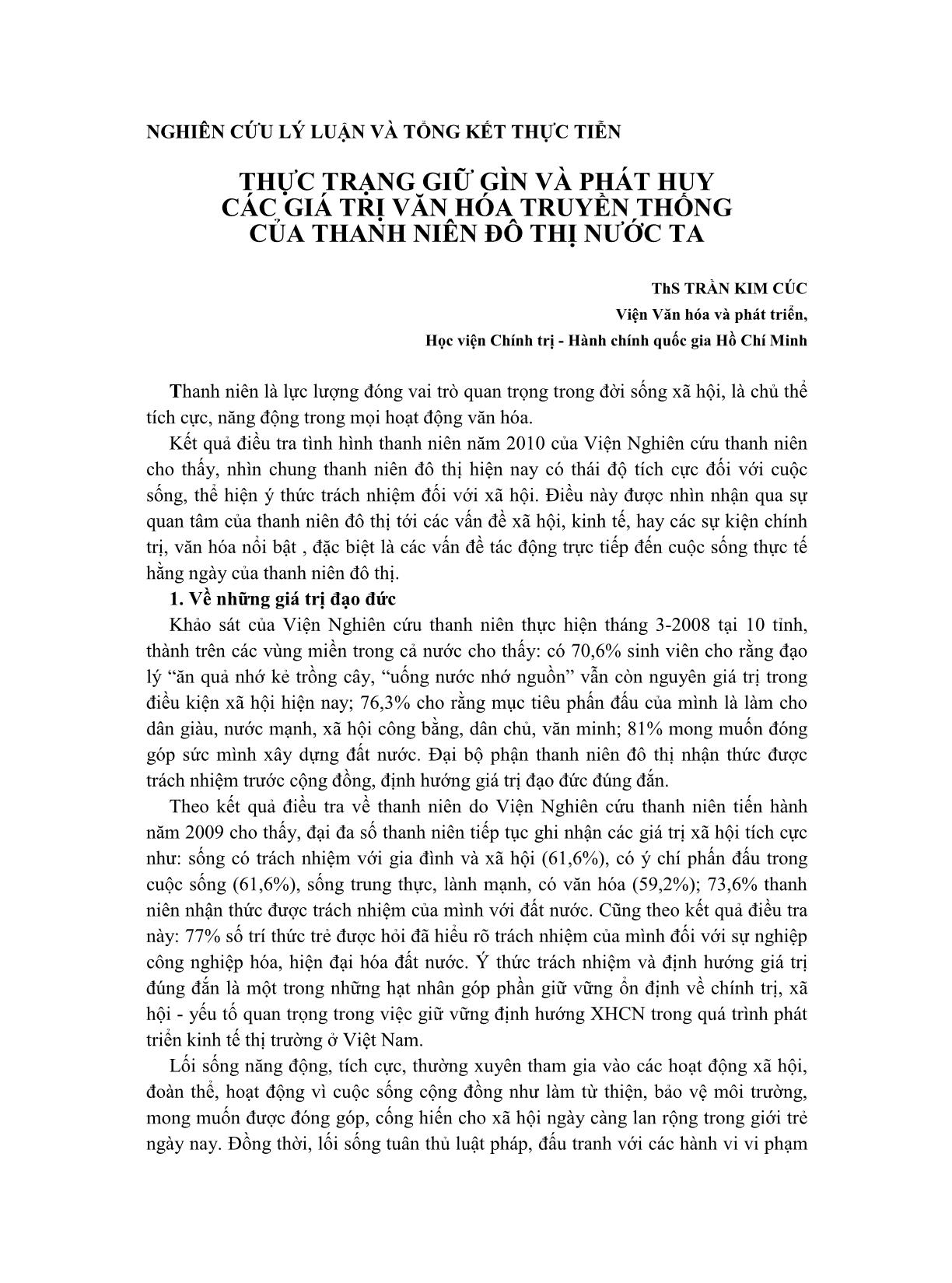 Thực trạng giữ gìn và phát huy các giá trị văn hóa truyền thống của thanh niên đô thị nước ta trang 1