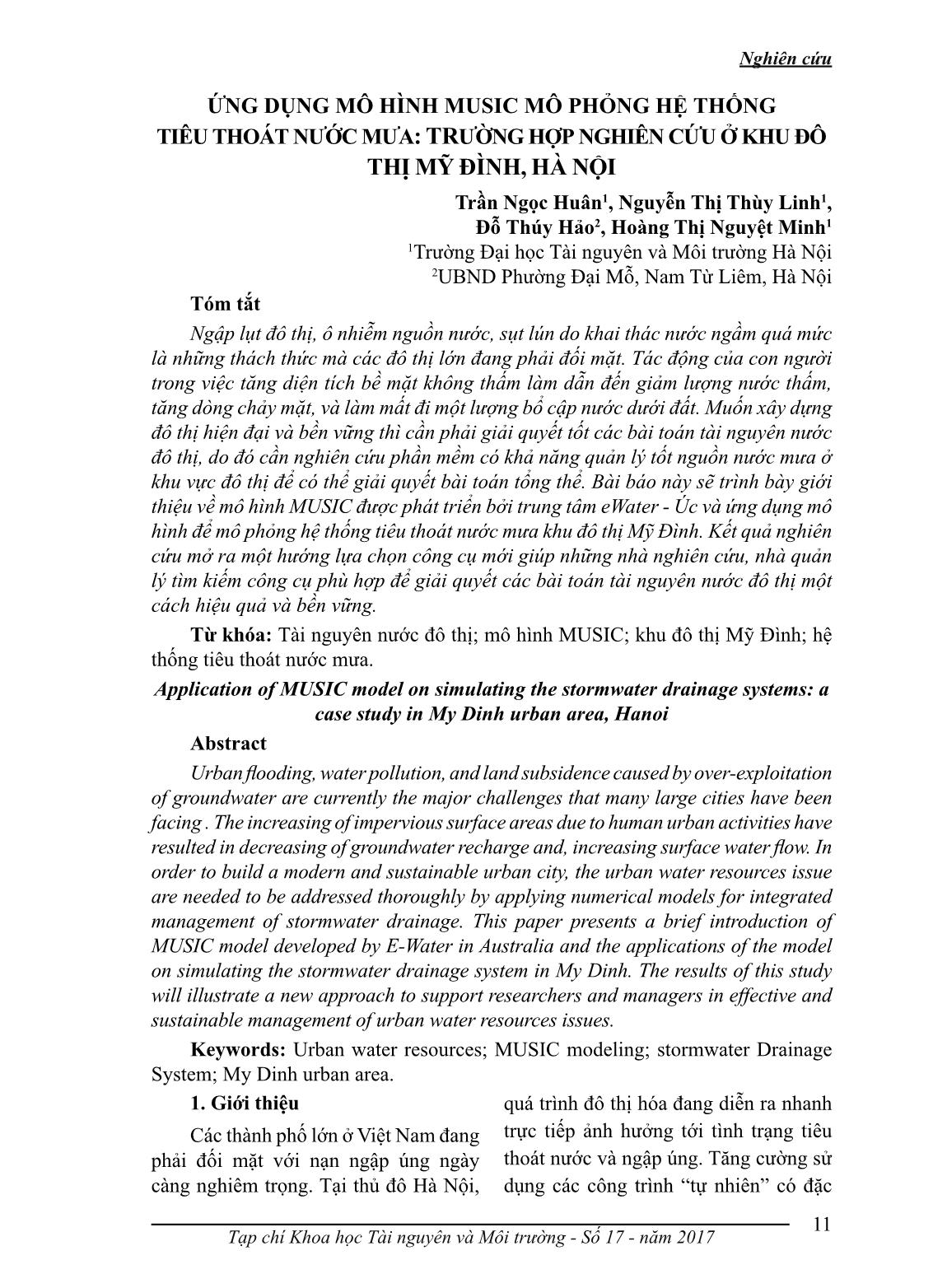 Ứng dụng mô hình music mô phỏng hệ thống tiêu thoát nước mưa: trường hợp nghiên cứu ở khu đô thị Mỹ Đình, Hà Nội trang 1