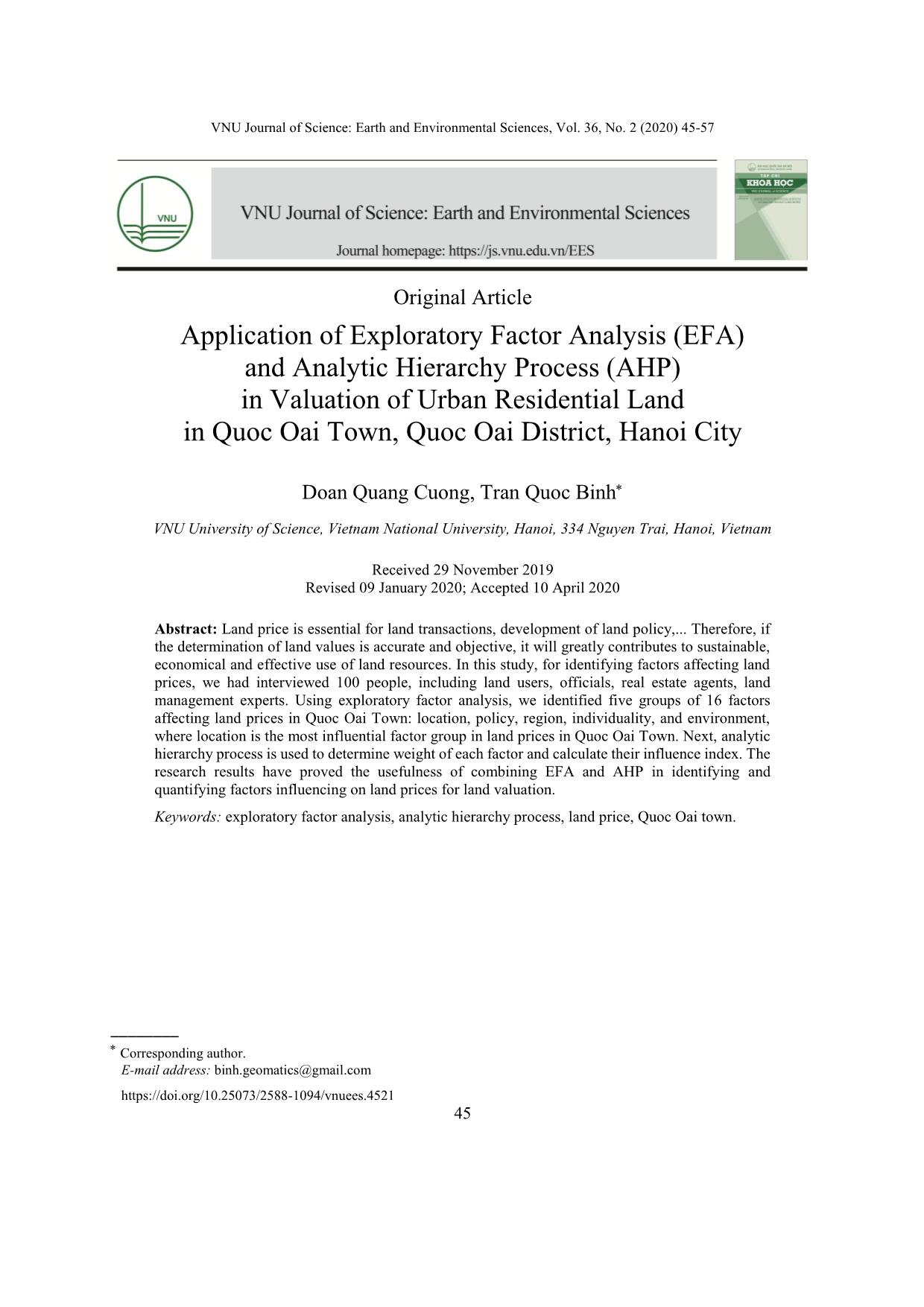 Application of Exploratory Factor Analysis (EFA) and Analytic Hierarchy Process (AHP) in Valuation of Urban Residential Land in Quoc Oai Town, Quoc Oai District, Hanoi City trang 1