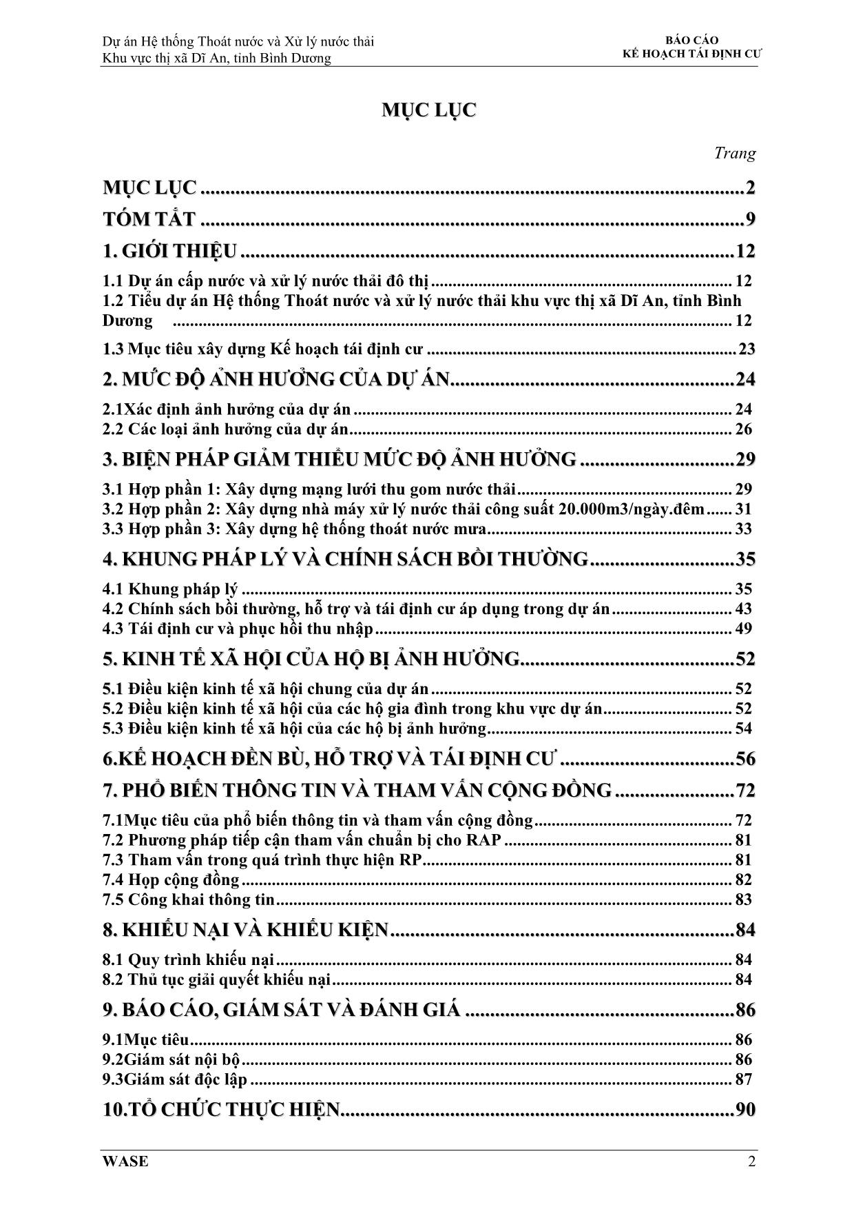 Báo cáo nghiên cứu khả thi Dự án hệ thống thoát nước và xử lý nước thải khu vực thị xã Dĩ An, tỉnh Bình Dương trang 2