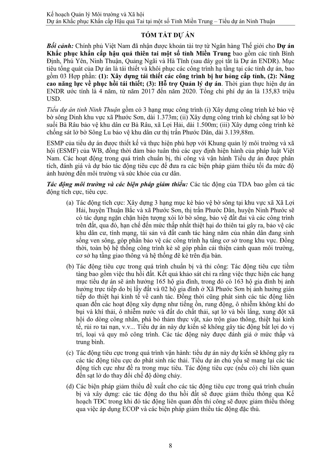 Kế hoạch quản lý môi trường và xã hội - Dự án khắc phục khẩn cấp hậu quả tai tại một số tỉnh miền Trung - Tiểu dự án Ninh Thuận trang 8