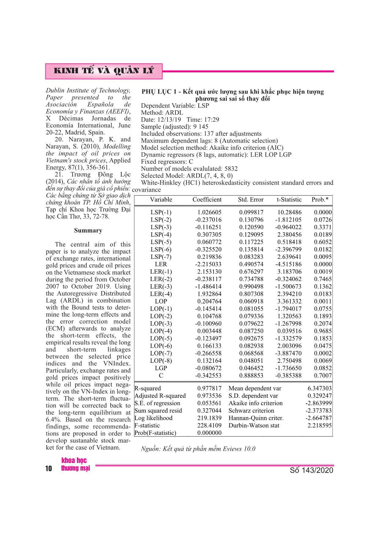 Áp dụng mô hình ardl nghiên cứu tác động của các chỉ số giá đến thị trường chứng khoán Việt Nam trang 10