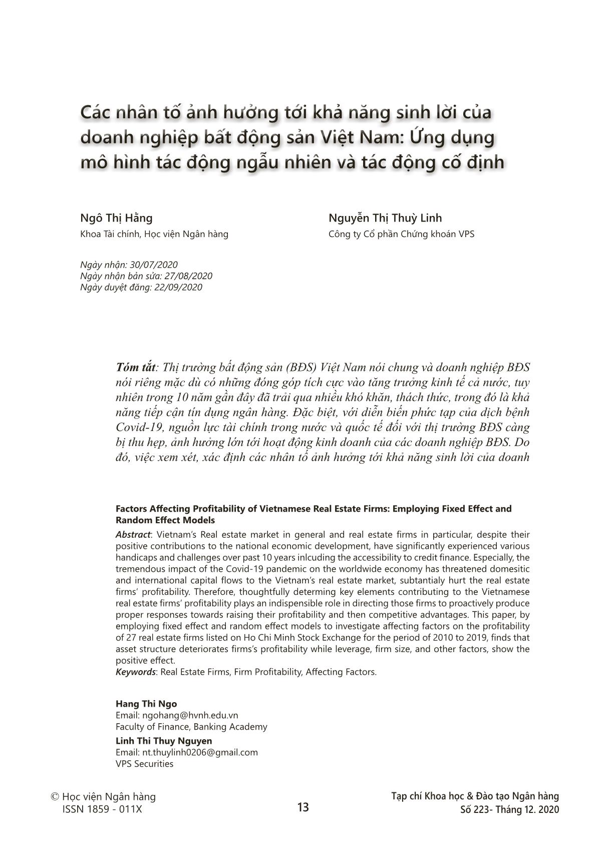 Các nhân tố ảnh hưởng tới khả năng sinh lời của doanh nghiệp bất động sản Việt Nam: Ứng dụng mô hình tác động ngẫu nhiên và tác động cố định trang 1