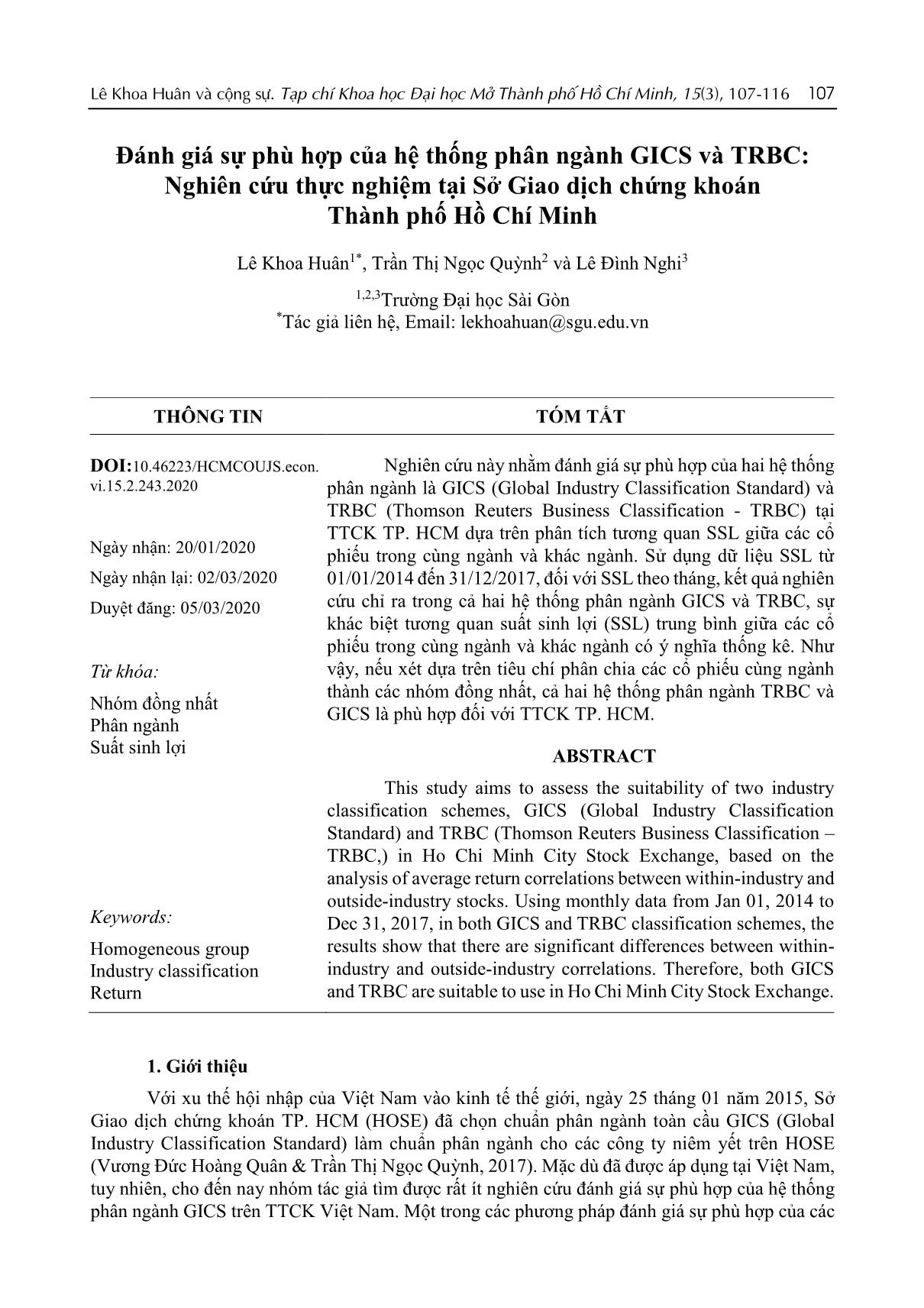 Đánh giá sự phù hợp của hệ thống phân ngành GICS và TRBC: Nghiên cứu thực nghiệm tại Sở Giao dịch chứng khoán Thành phố Hồ Chí Minh trang 1