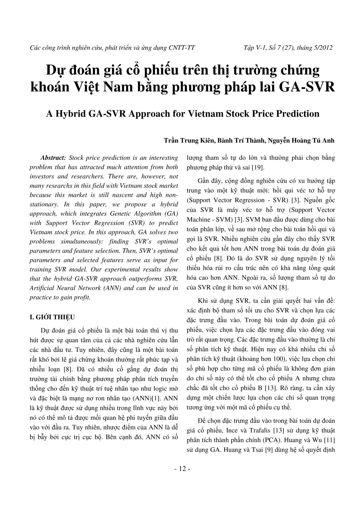 Dự đoán giá cổ phiếu trên thị trường chứng khoán Việt Nam bằng phương pháp lai GA-SVR trang 1