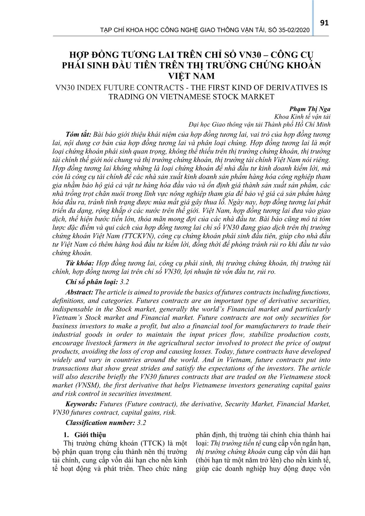 Hợp đồng tương lai trên chỉ số VN30 - công cụ phái sinh đầu tiên trên thị trường chứng khoán Việt Nam trang 1