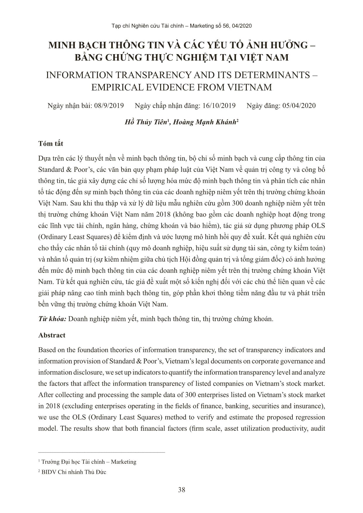 Minh bạch thông tin và các yếu tố ảnh hưởng - bằng chứng thực nghiệm tại Việt Nam trang 1