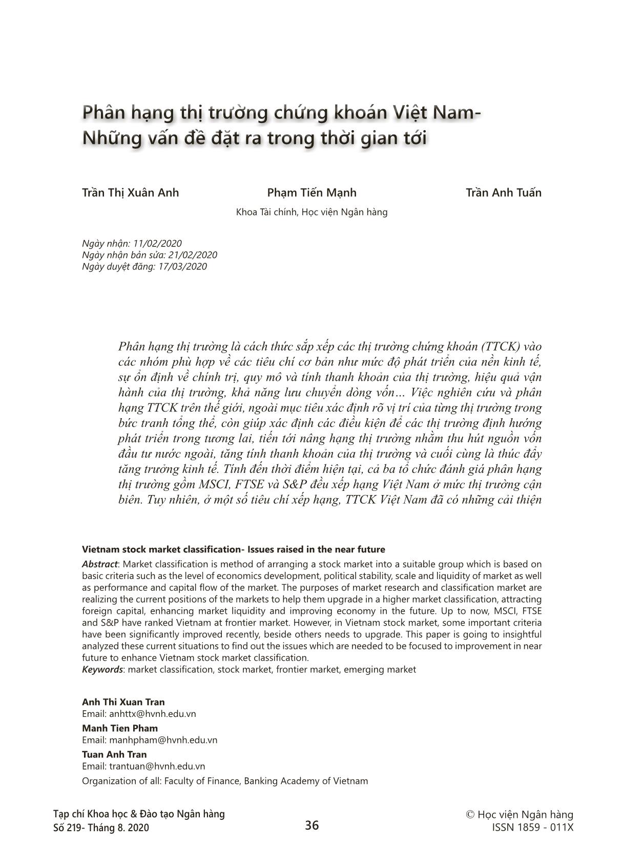 Phân hạng thị trường chứng khoán Việt Nam - Những vấn đề đặt ra trong thời gian tới trang 1