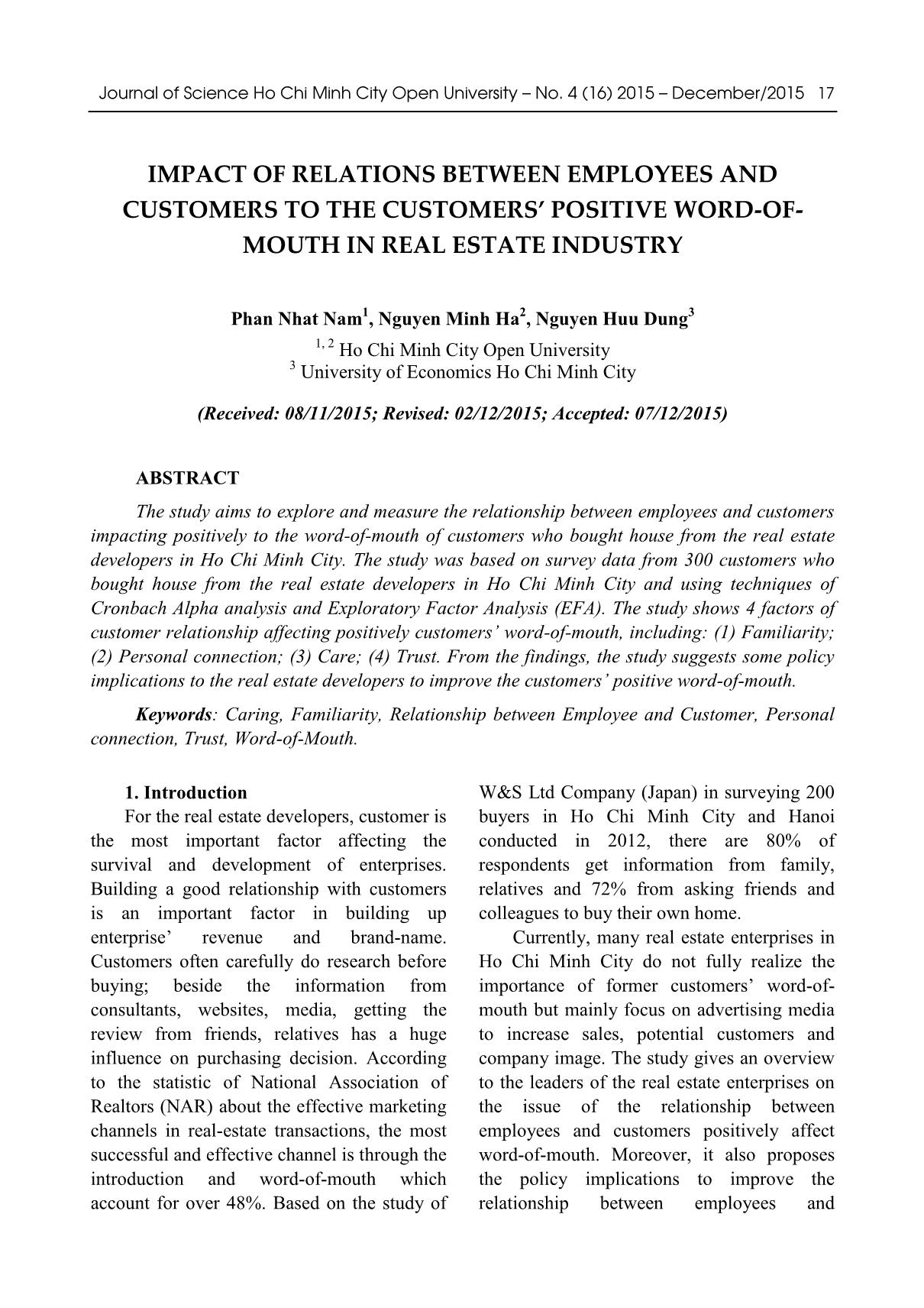 Impact of relations between employees and customers to the customers’ positive word-ofmouth in real estate industry trang 1