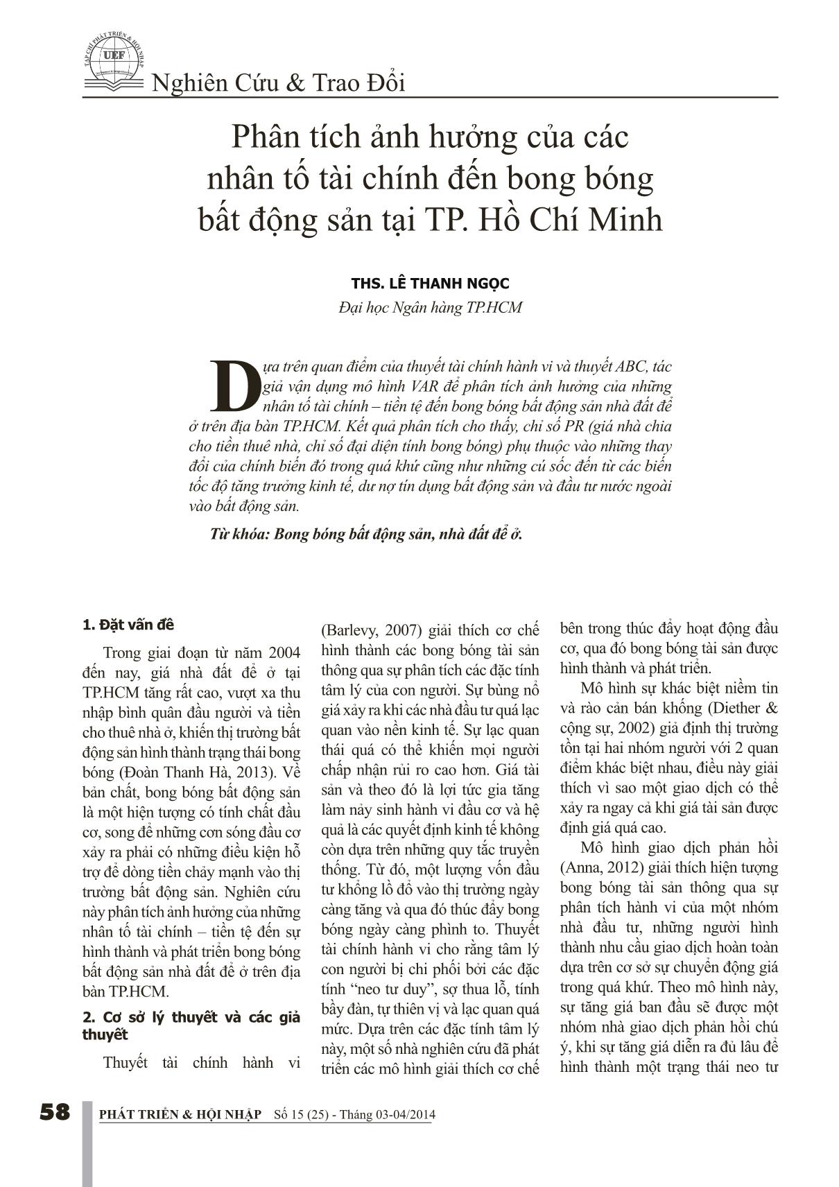 Phân tích ảnh hưởng của các nhân tố tài chính đến bong bóng bất động sản tại TP. Hồ Chí Minh trang 1
