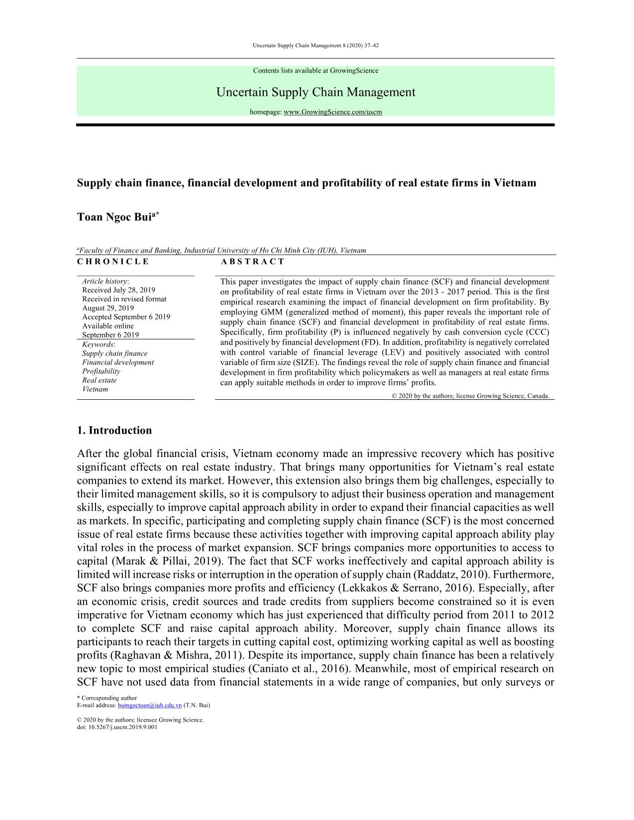 Supply chain finance, financial development and profitability of real estate firms in Vietnam trang 1
