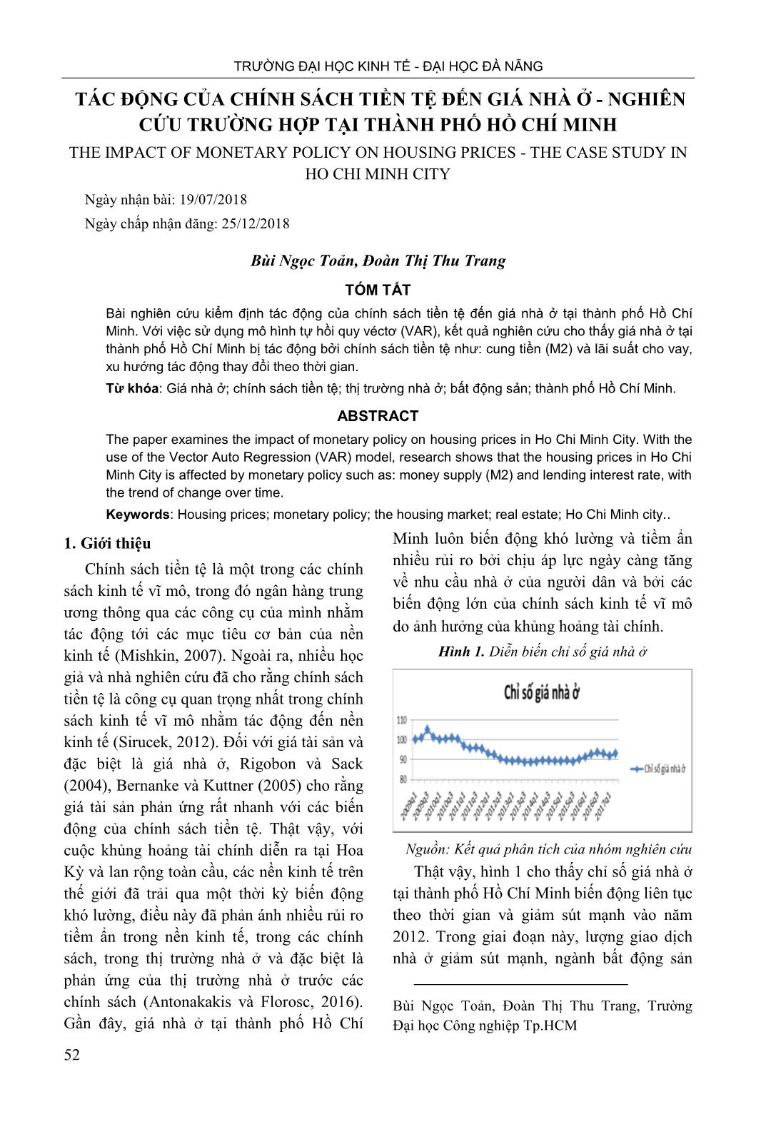 Tác động của chính sách tiền tệ đến giá nhà ở - Nghiên cứu trường hợp tại thành phố Hồ Chí Minh trang 1