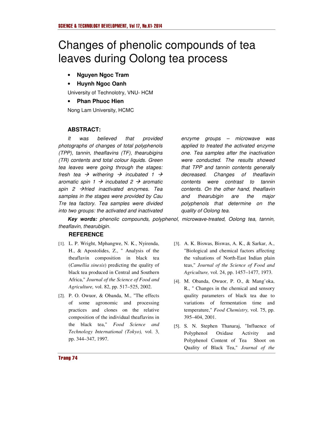 Sự biến động của các hợp chất phenolic trong lá trà trong quy trình chế biến trà Oolong trang 8