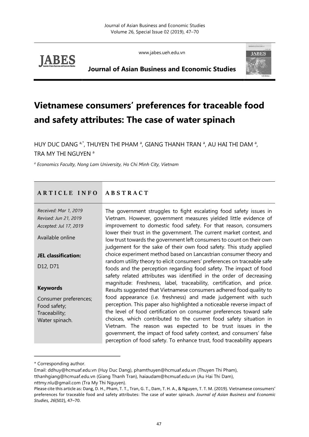 Vietnamese consumers’ preferences for traceable food and safety attributes: The case of water spinach trang 1