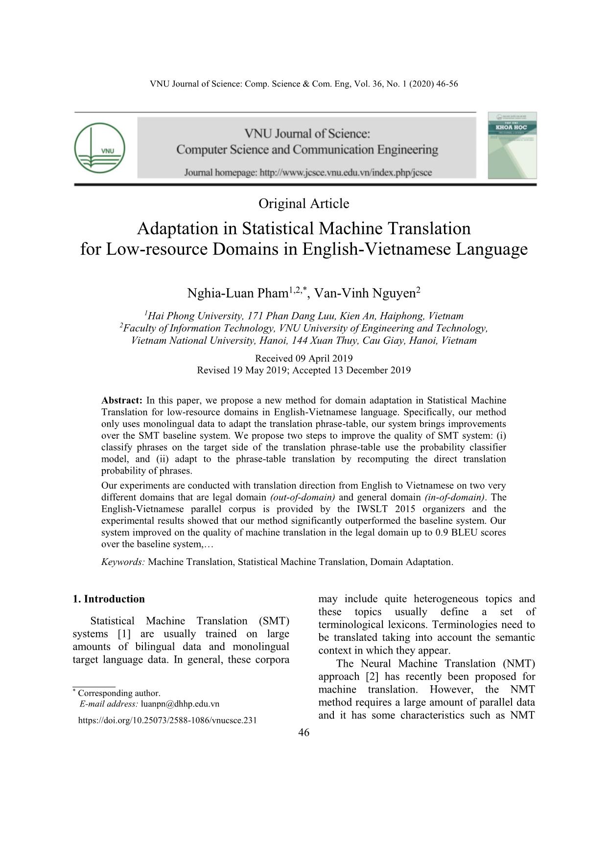 Adaptation in Statistical Machine Translation for Low-Resource Domains in English-Vietnamese Language trang 1