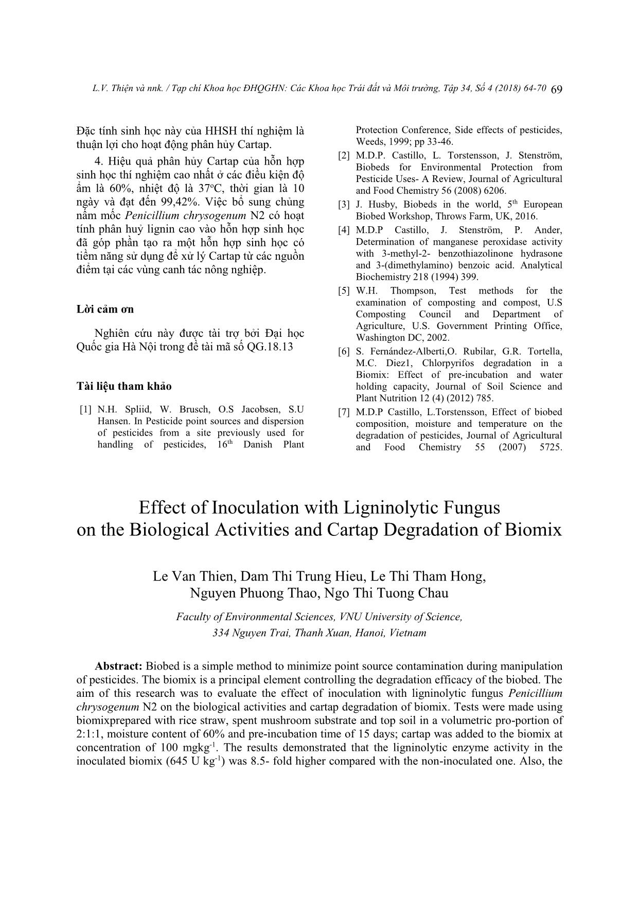 Ảnh hưởng của việc bổ sung nấm mốc phân huỷ lignin đến đặc tính và khả năng phân hủy Cartap của hỗn hợp sinh học trang 6
