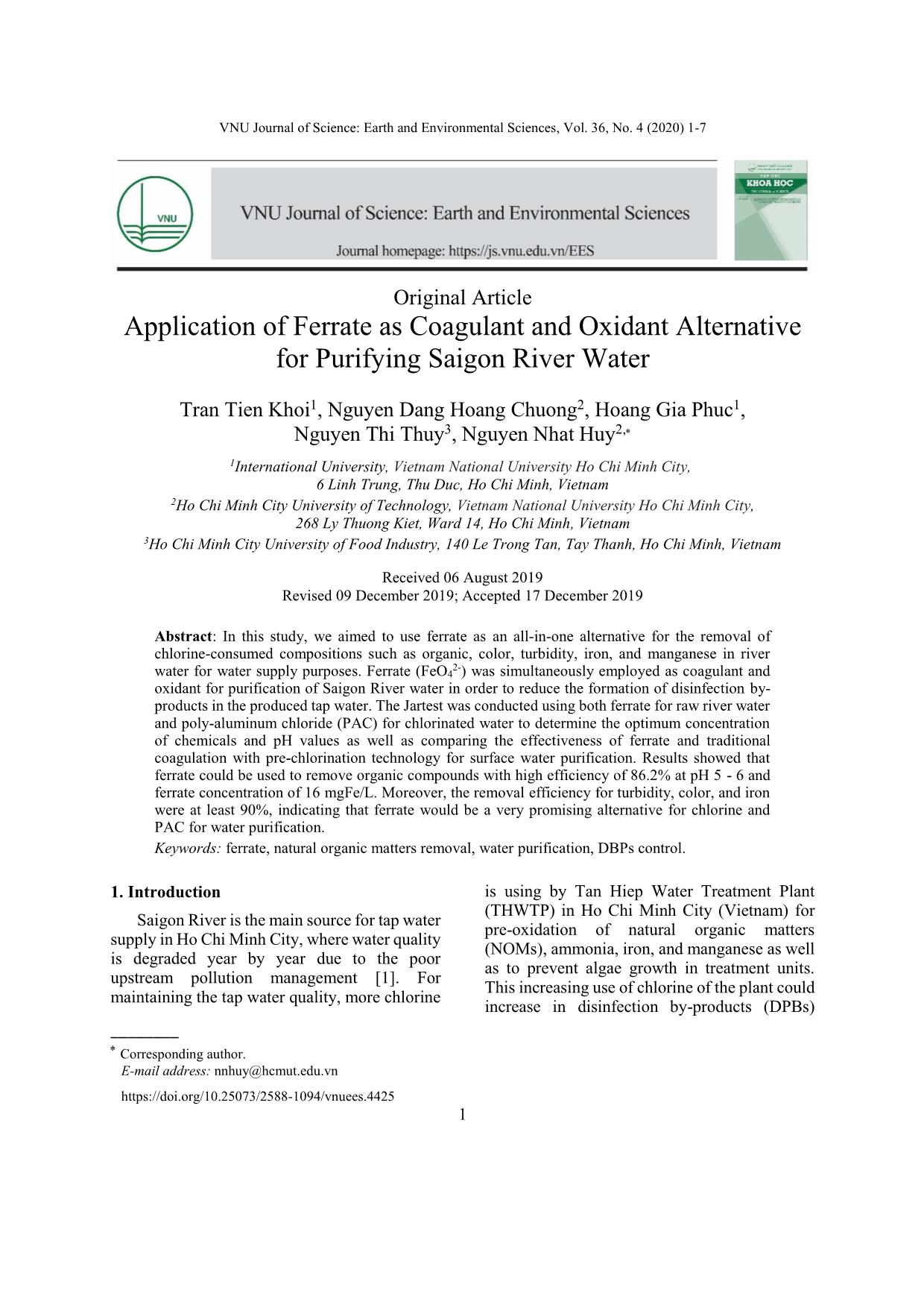 Application of Ferrate as Coagulant and Oxidant Alternative for Purifying Saigon River Water trang 1