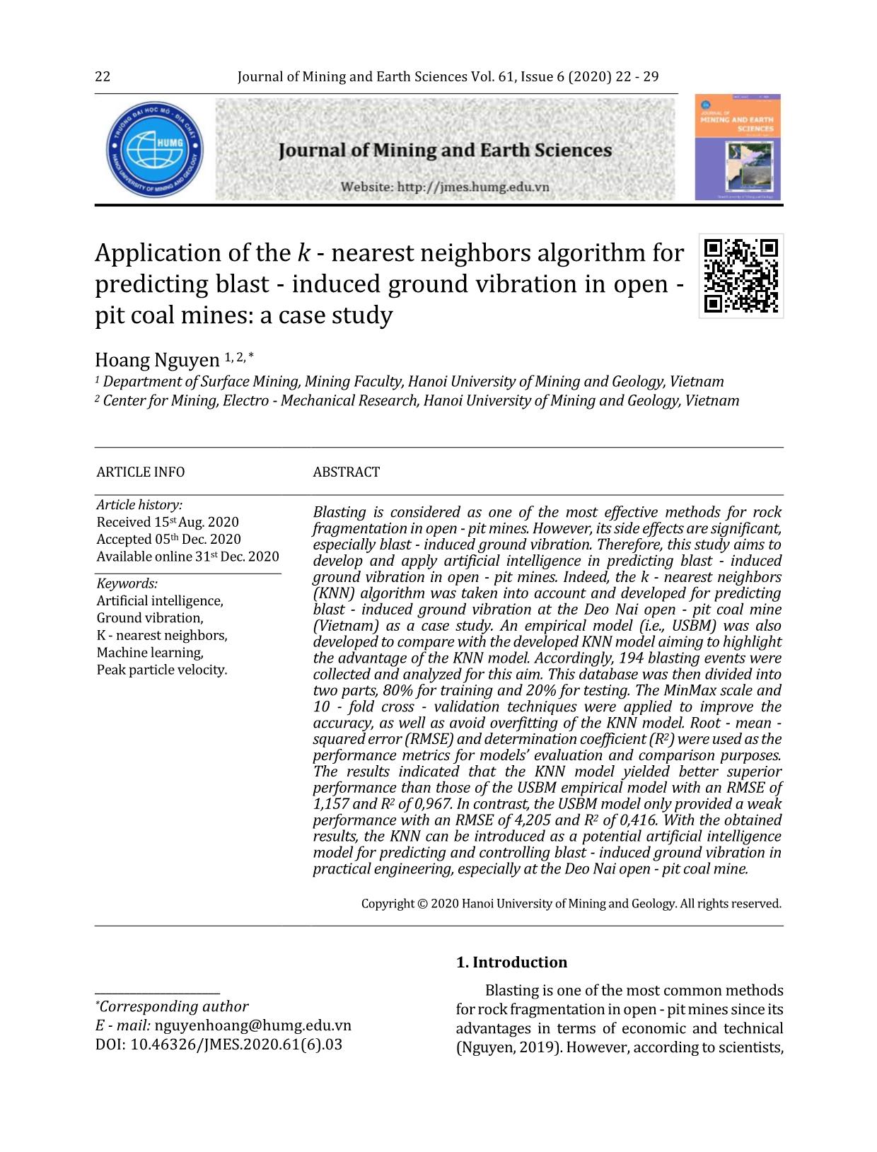 Application of the k - Nearest neighbors algorithm for predicting blast - induced ground vibration in open - pit coal mines: a case study trang 1