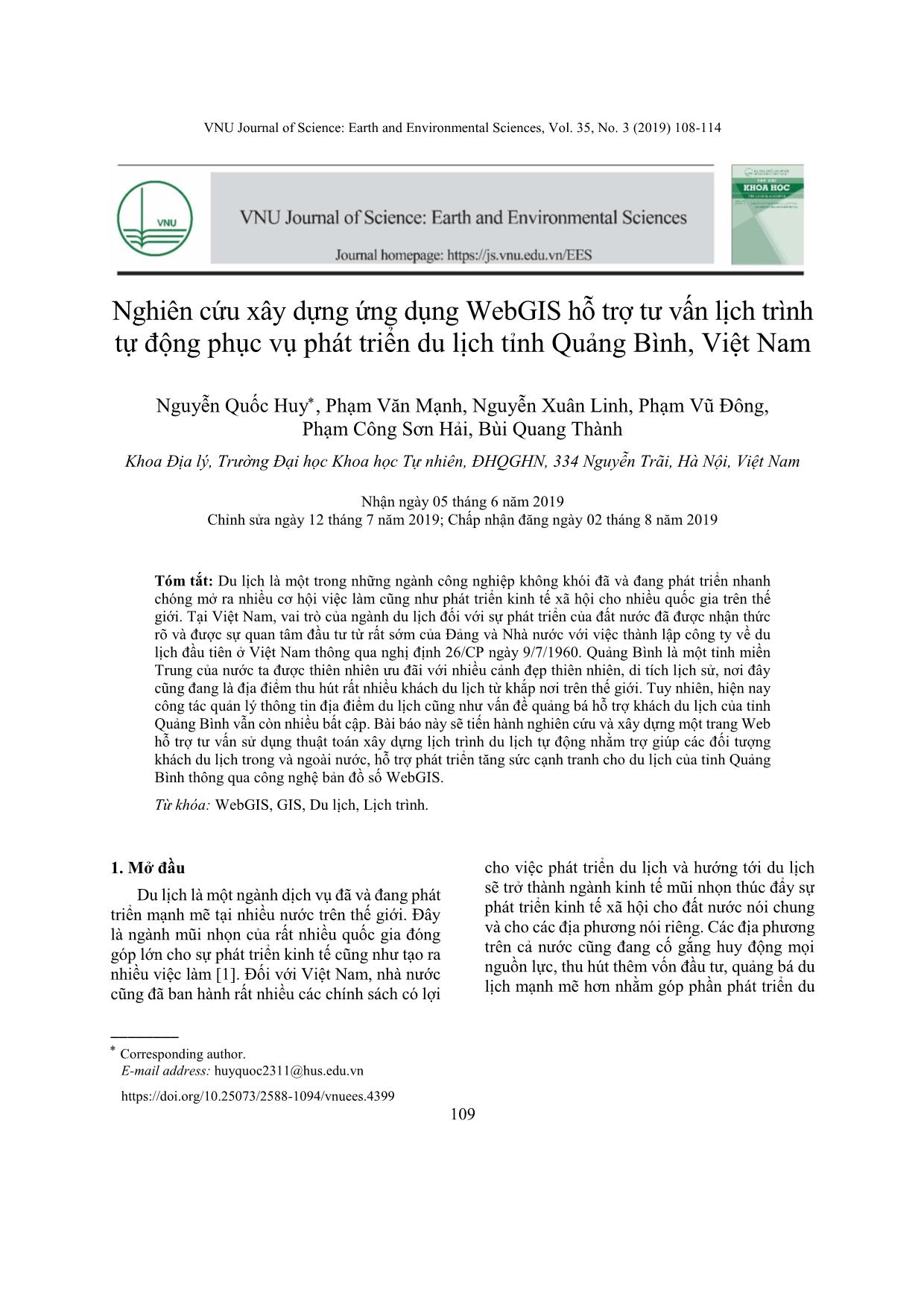 Nghiên cứu xây dựng ứng dụng WebGIS hỗ trợ tư vấn lịch trình tự động phục vụ phát triển du lịch tỉnh Quảng Bình, Việt Nam trang 2