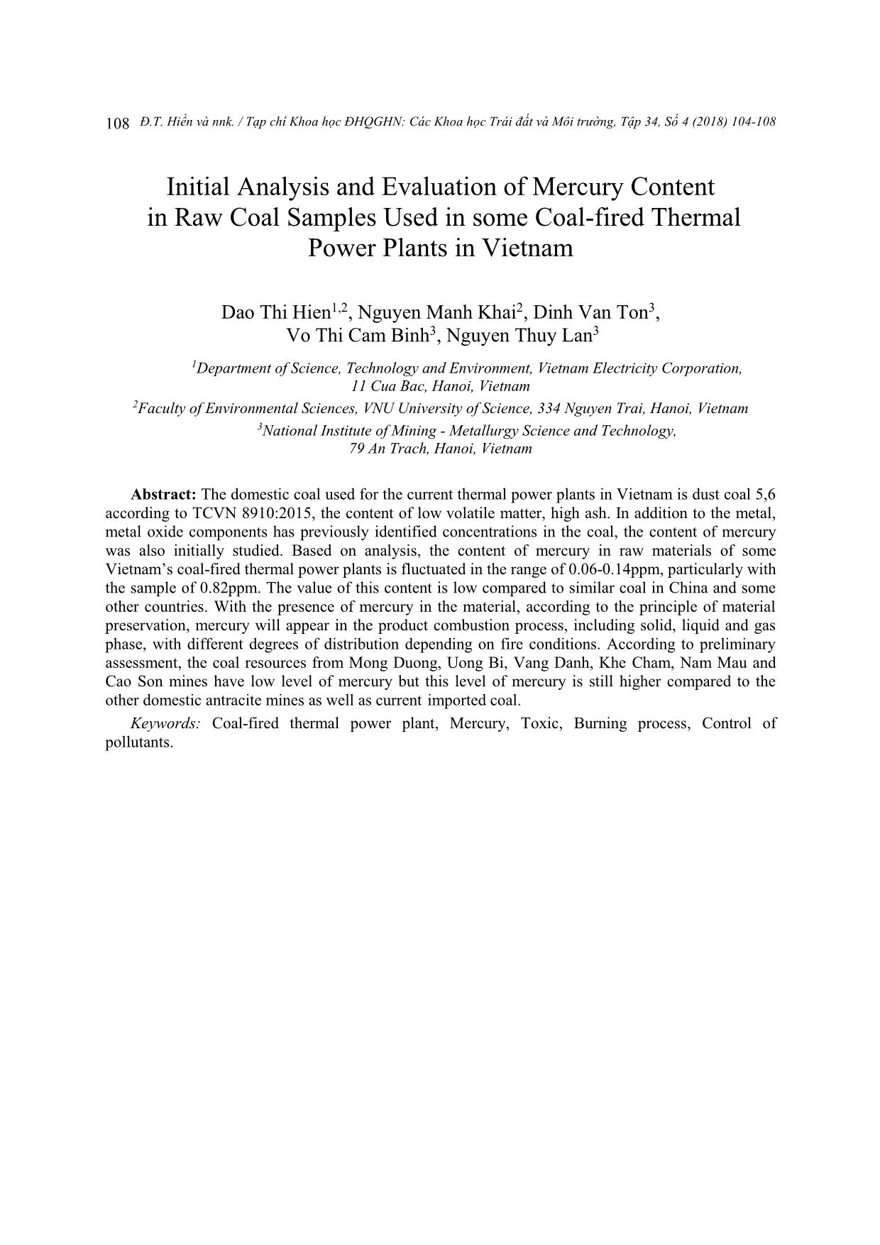 Bước đầu phân tích, đánh giá hàm lượng thủy ngân trong mẫu than nguyên liệu sử dụng tại một số nhà máy nhiệt điện ở Việt Nam trang 5