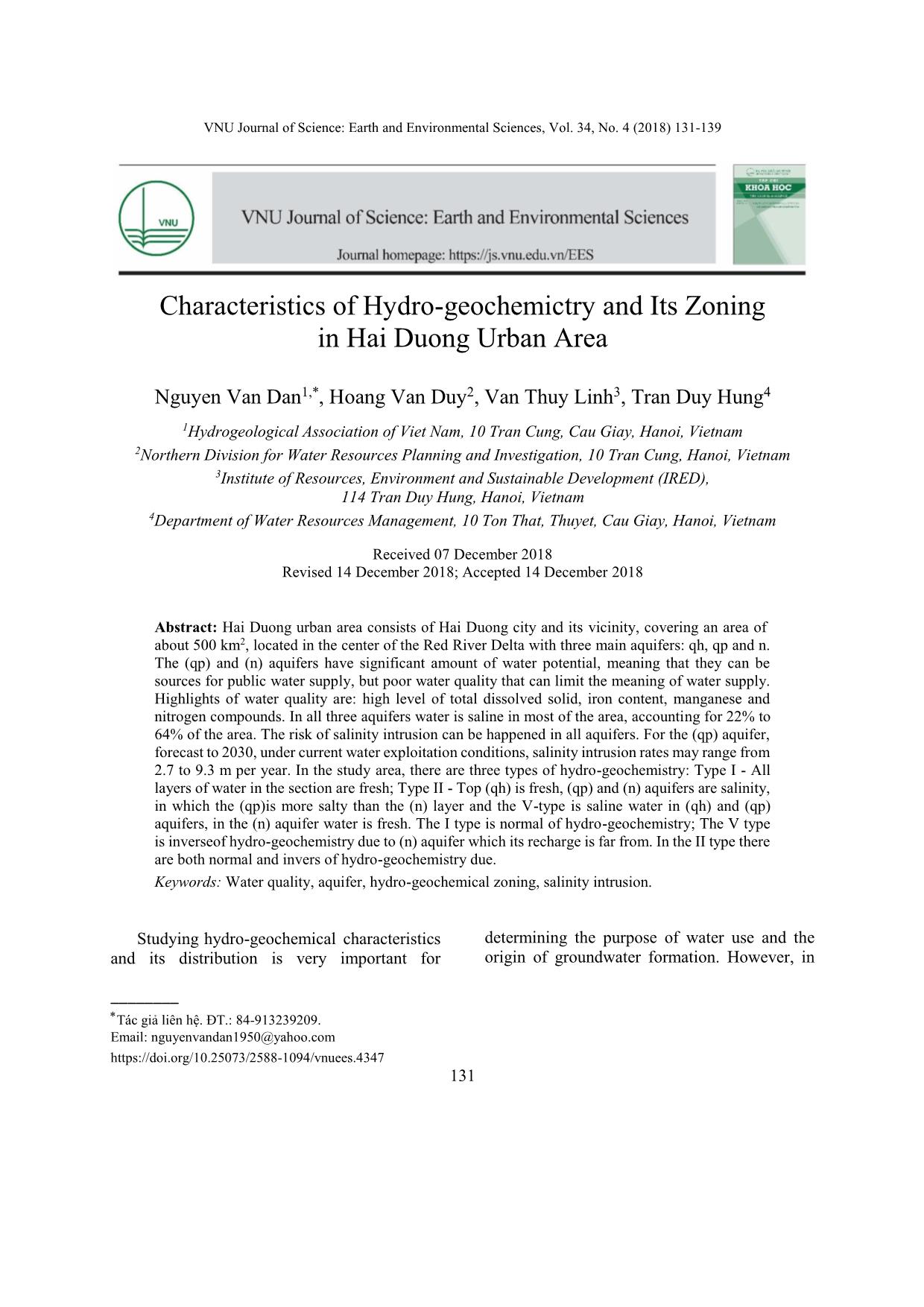 Characteristics of Hydro-Geochemictry and Its Zoning in Hai Duong Urban Area trang 1