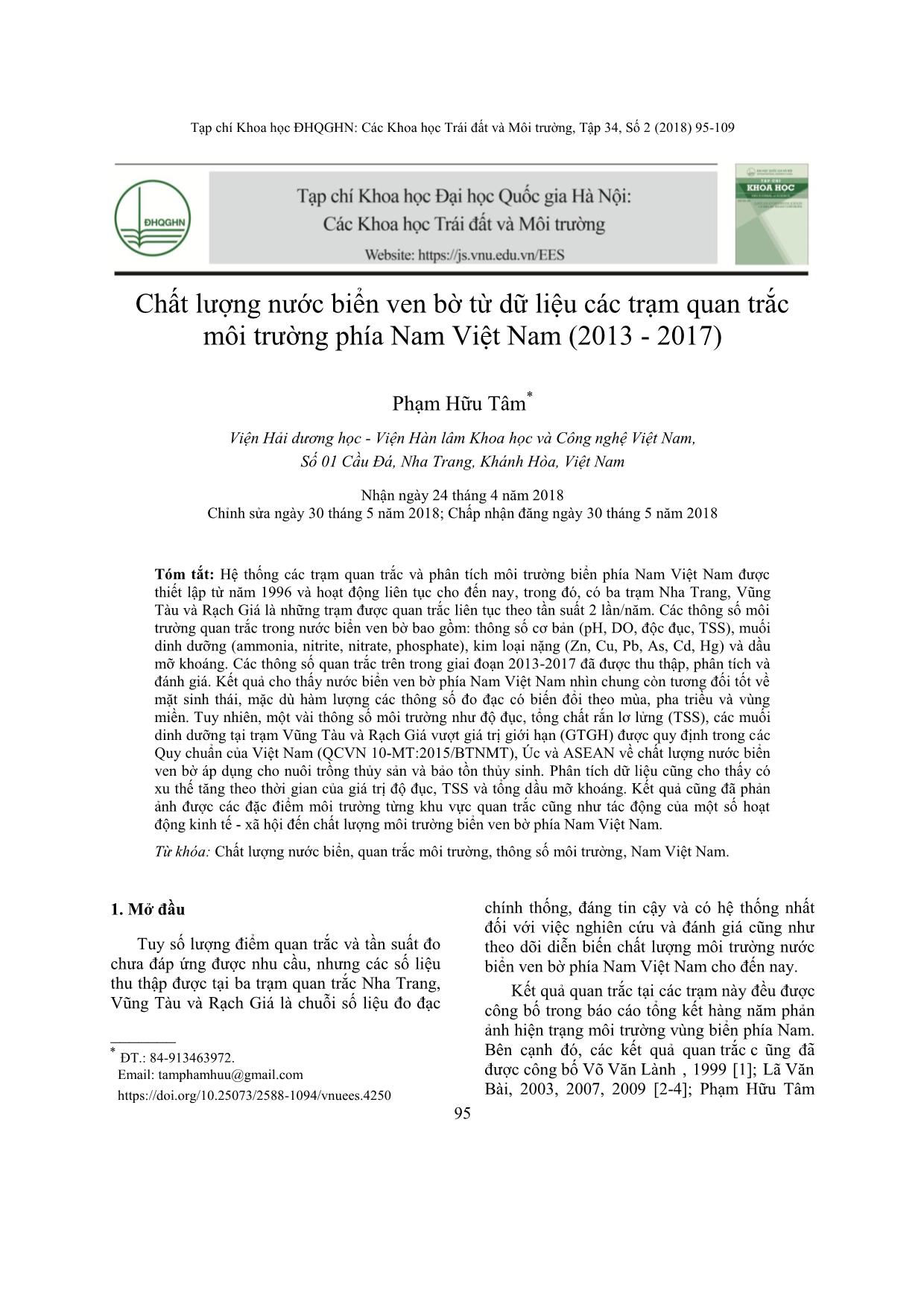 Chất lượng nước biển ven bờ từ dữ liệu các trạm quan trắc môi trường phía Nam Việt Nam (2013-2017) trang 1