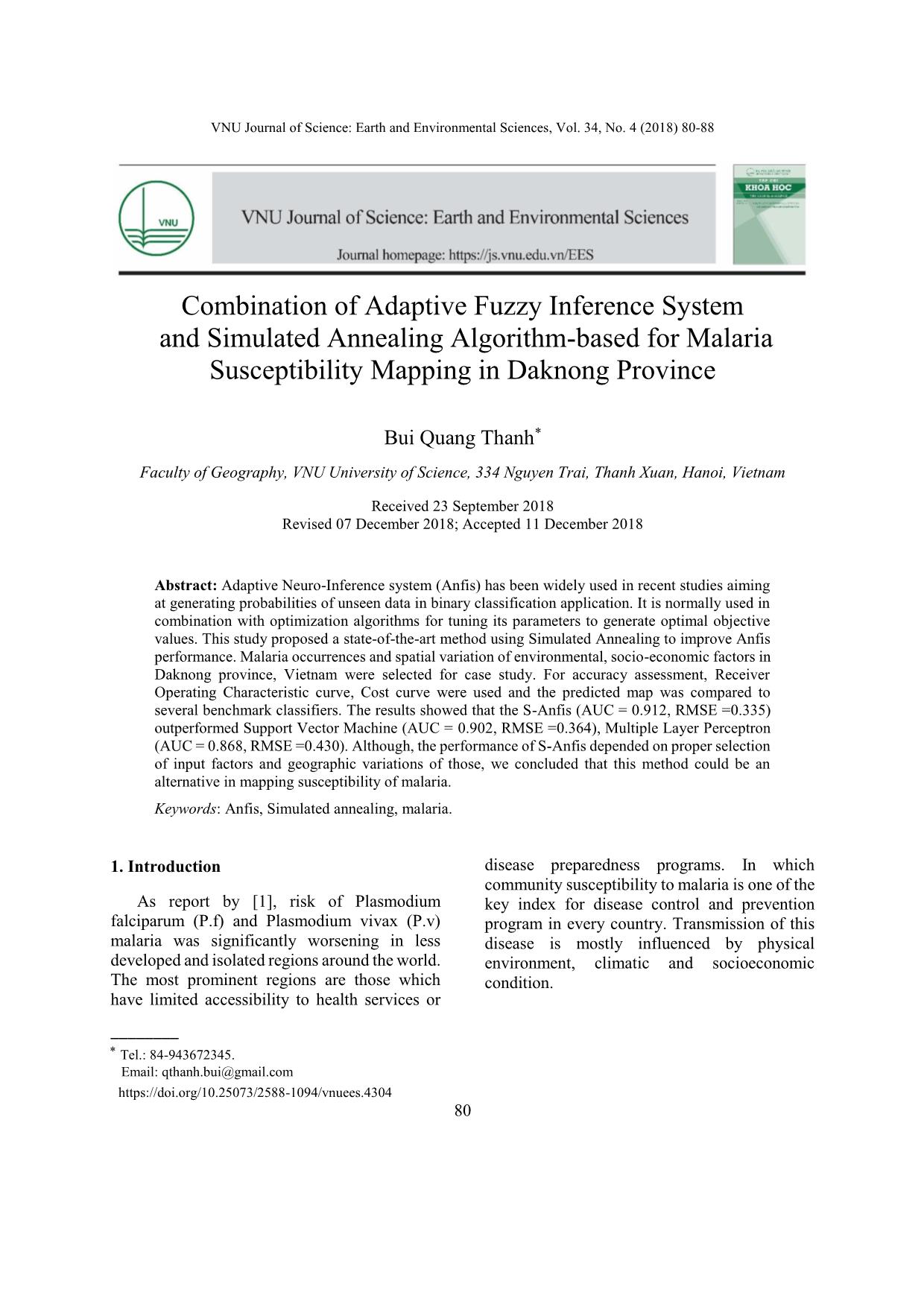 Combination of Adaptive Fuzzy Inference System and Simulated Annealing Algorithm-Based for Malaria Susceptibility Mapping in Daknong Province trang 1