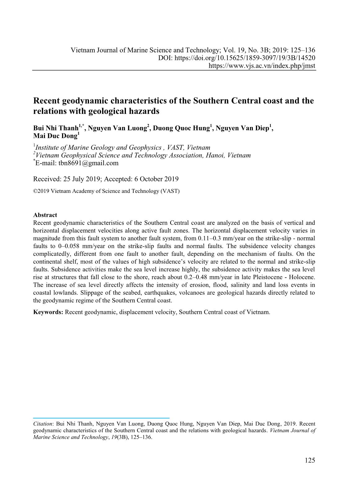 Đặc điểm địa động lực hiện đại khu vực ven biển Nam Trung Bộ và mối liên quan với các tai biến địa chất trang 1