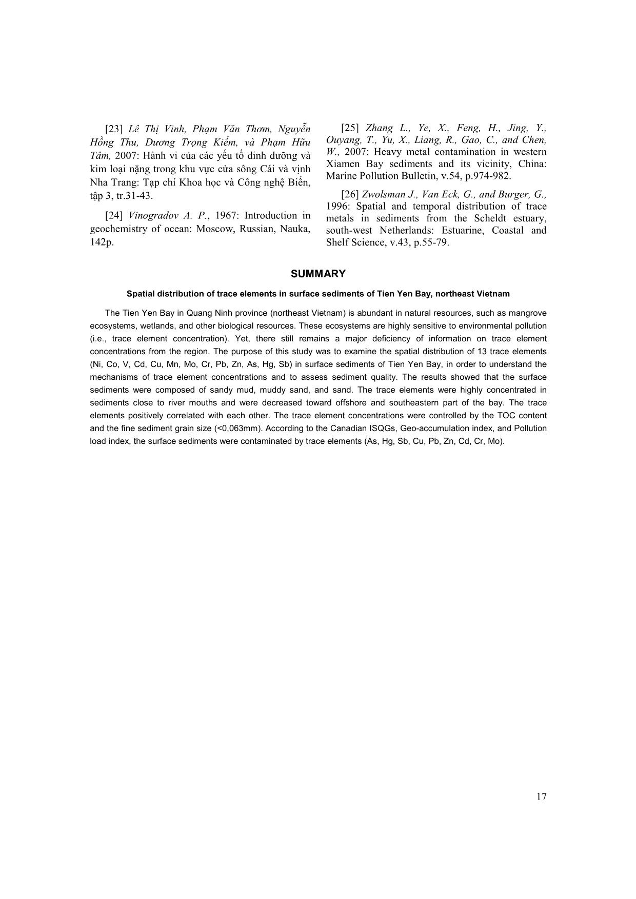 Đặc điểm phân bố các nguyên tố vi lượng trong trầm tích tầng mặt vịnh Tiên Yên trang 8