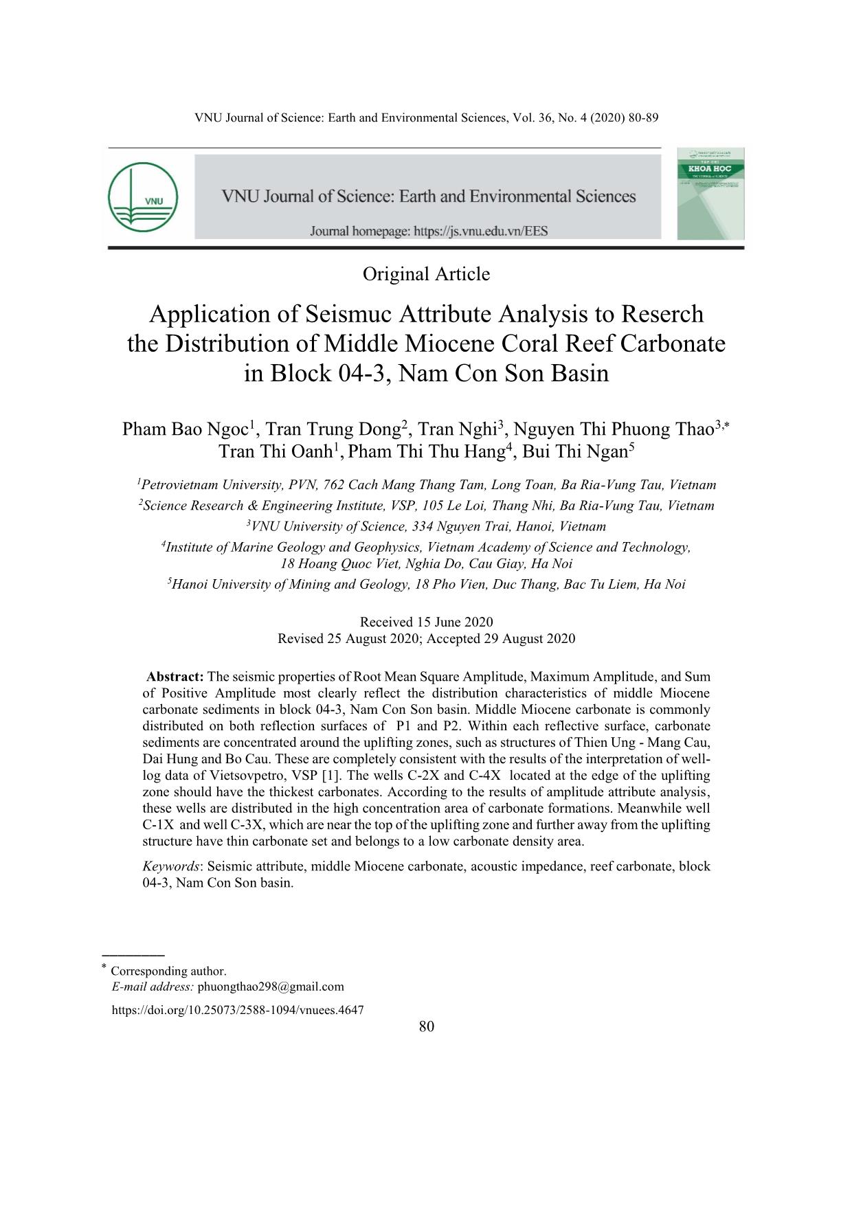 Đặc điểm phân bố trầm tích cacbonat ám tiêu Miocen giữa, Lô 04-3, bể Nam Côn Sơn trên cơ sở phân tích thuộc tính địa chấn trang 1