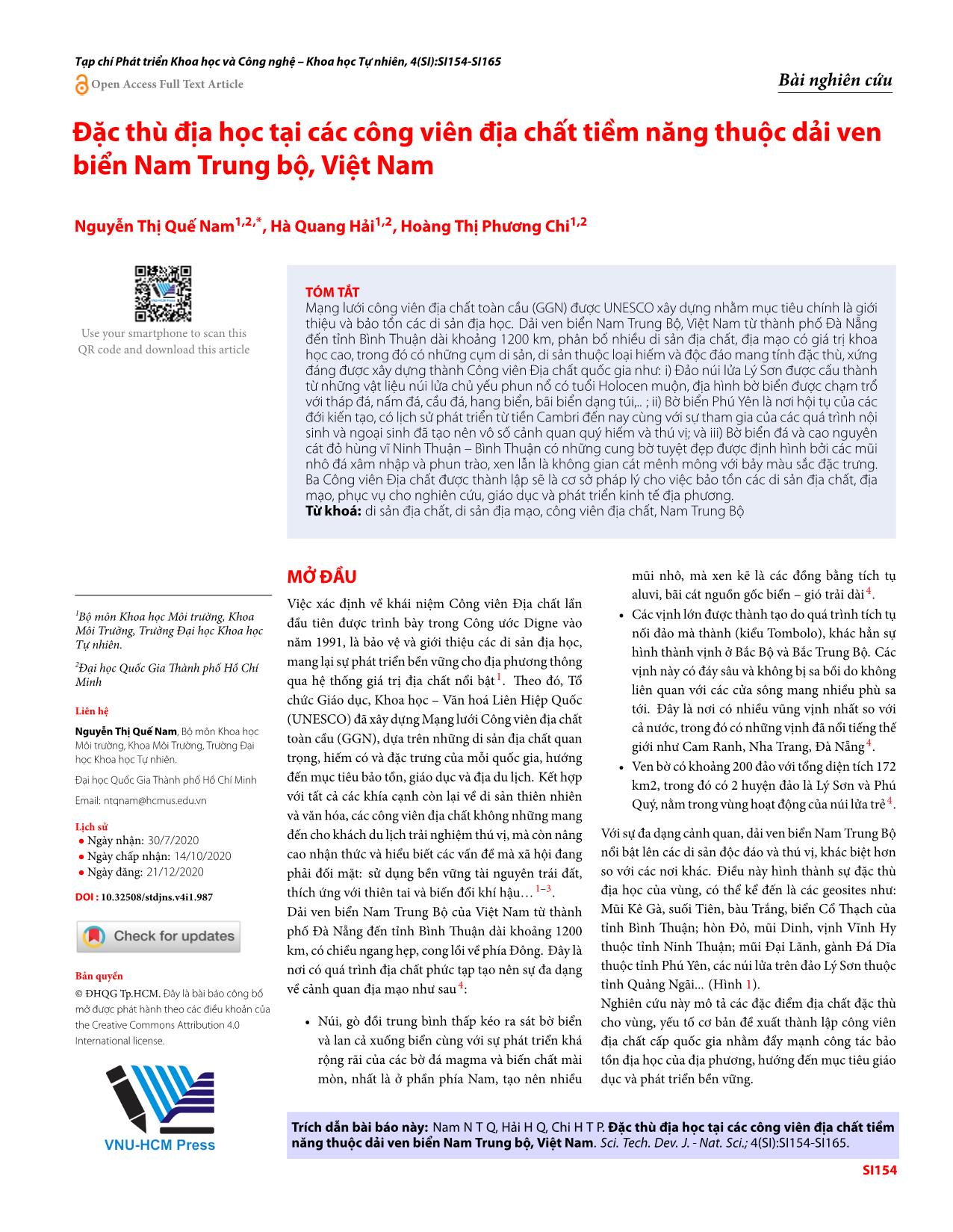 Đặc thù địa học tại các công viên địa chất tiềm năng thuộc dải ven biển Nam Trung bộ, Việt Nam trang 1
