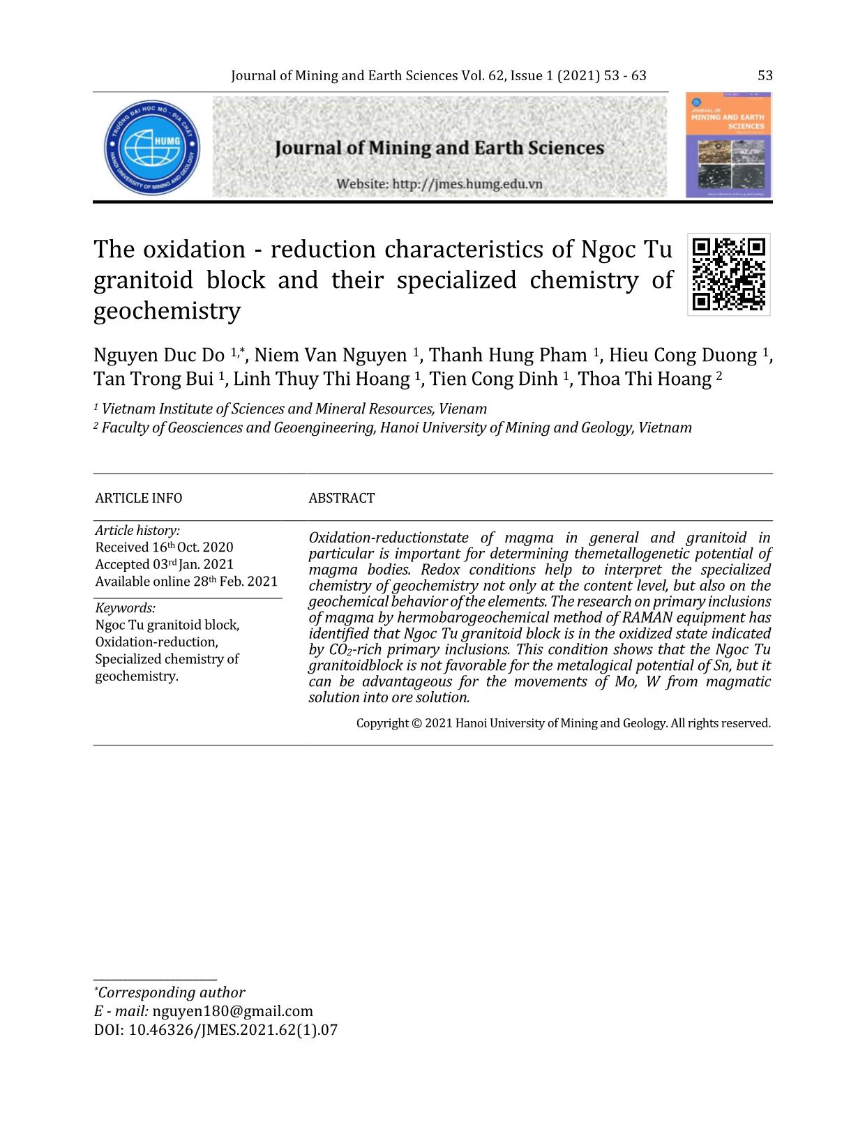 Đặc tính môi trường oxy hóa - khử của granitoid khối Ngọc Tụ và tính chuyên hóa địa hóa của chúng trang 1
