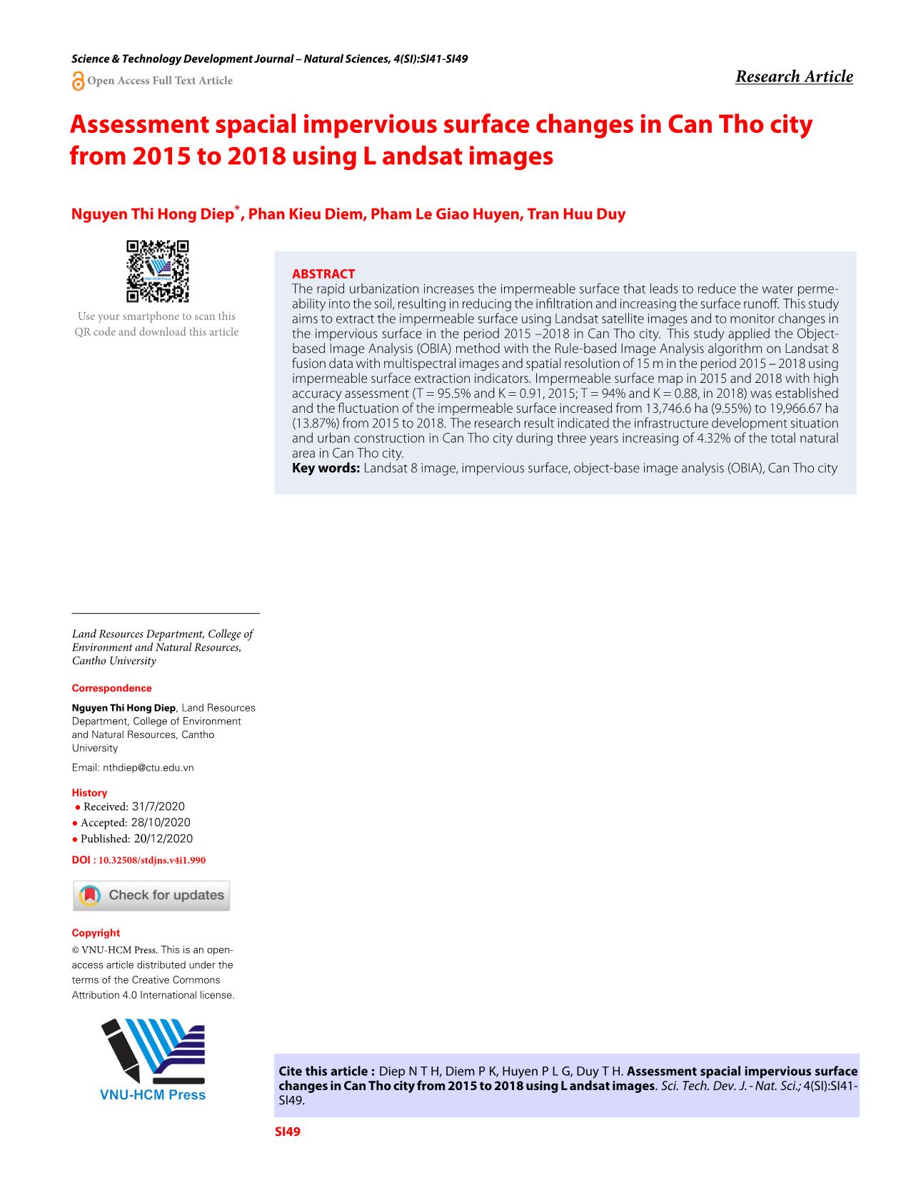 Đánh giá biến động không gian bề mặt không thấm thành phố Cần Thơ giai đoạn 2015 – 2018 sử dụng ảnh Landsat8 trang 9