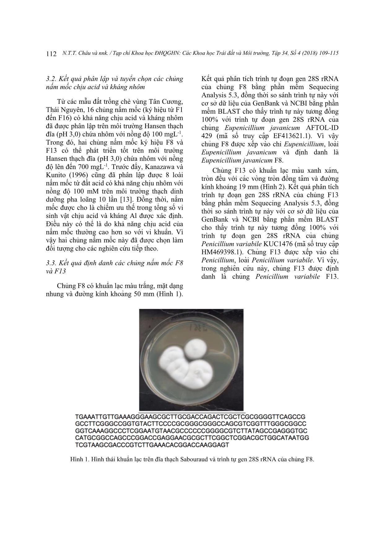 Khả năng chịu acid, kháng và hấp thụ nhôm của nấm mốc phân lập từ đất trồng chè vùng Tân Cương, Thái Nguyên trang 4