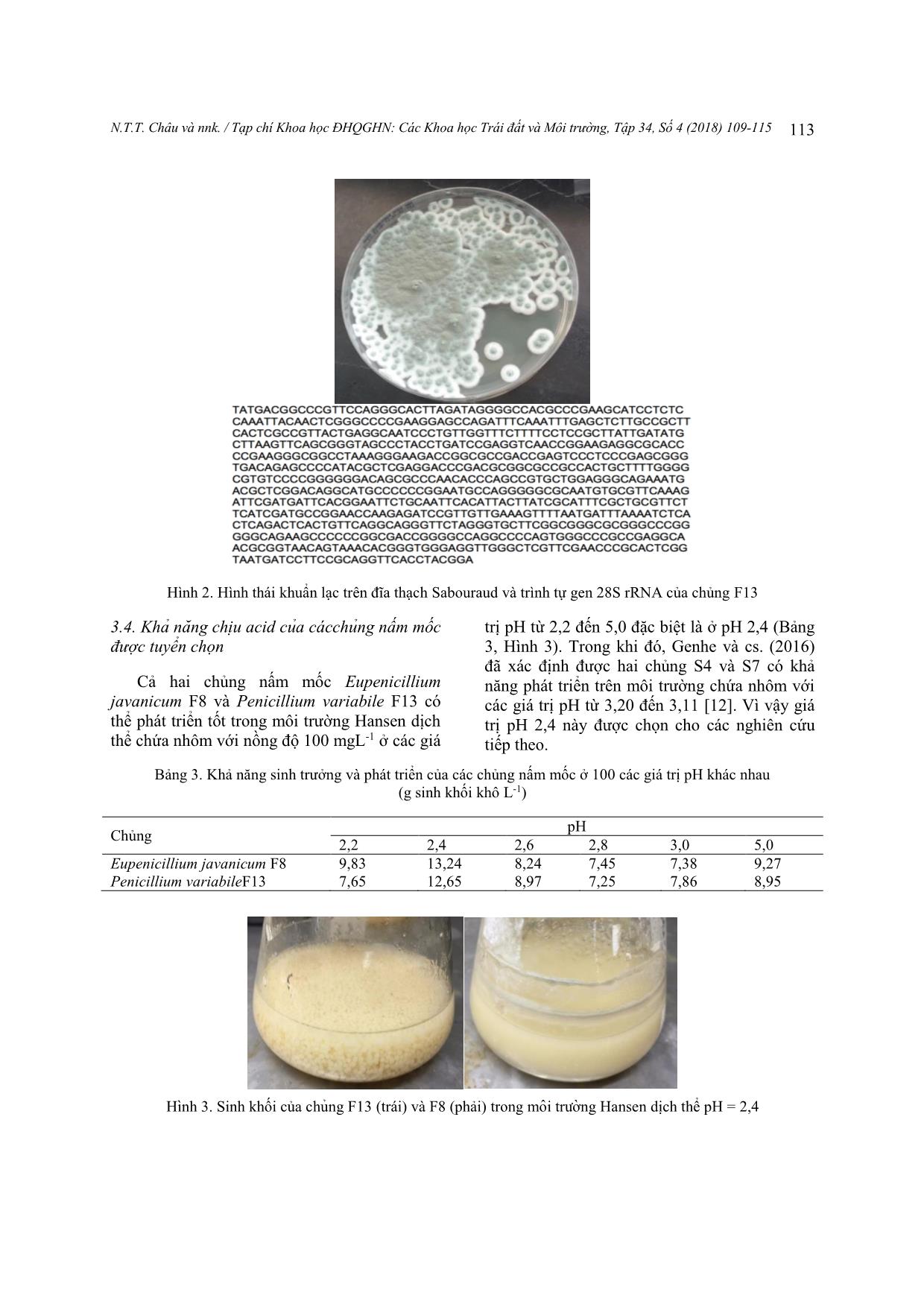 Khả năng chịu acid, kháng và hấp thụ nhôm của nấm mốc phân lập từ đất trồng chè vùng Tân Cương, Thái Nguyên trang 5