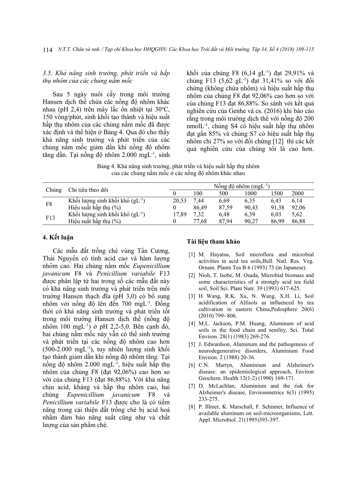 Khả năng chịu acid, kháng và hấp thụ nhôm của nấm mốc phân lập từ đất trồng chè vùng Tân Cương, Thái Nguyên trang 6