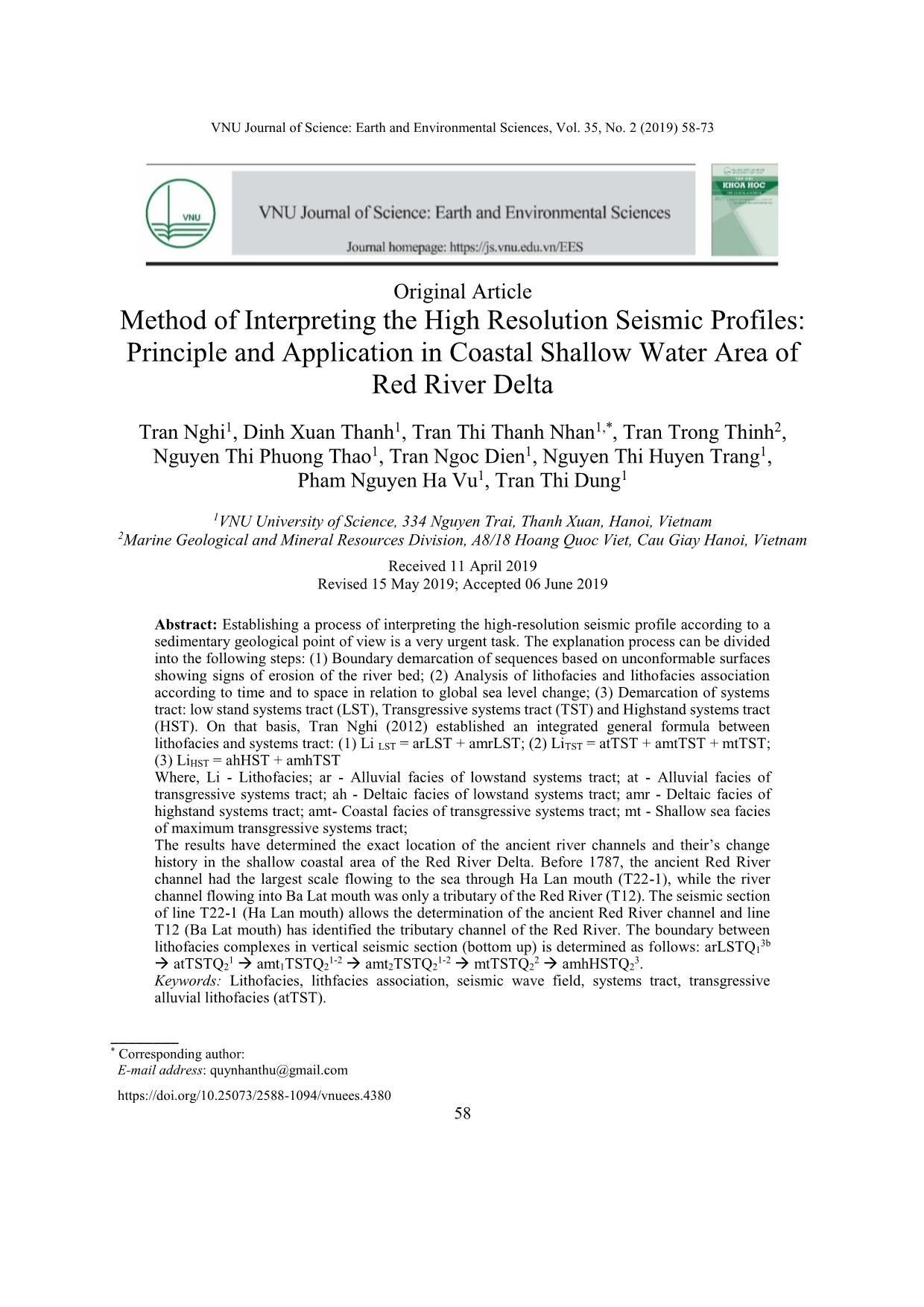 Method of Interpreting the High Resolution Seismic Profiles: Principle and Application in Coastal Shallow Water Area of Red River Delta trang 1
