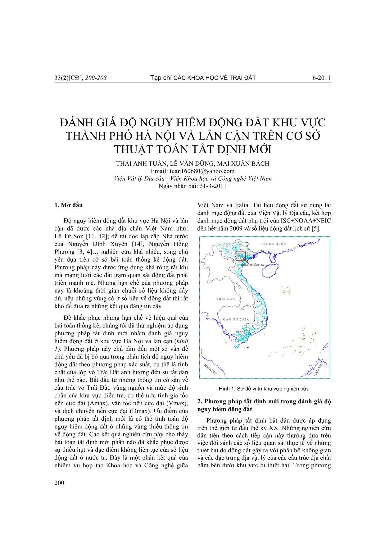 Đánh giá độ nguy hiểm động đất khu vực thành phố Hà Nội và lân cận trên cơ sở thuật toán tất định mới trang 1