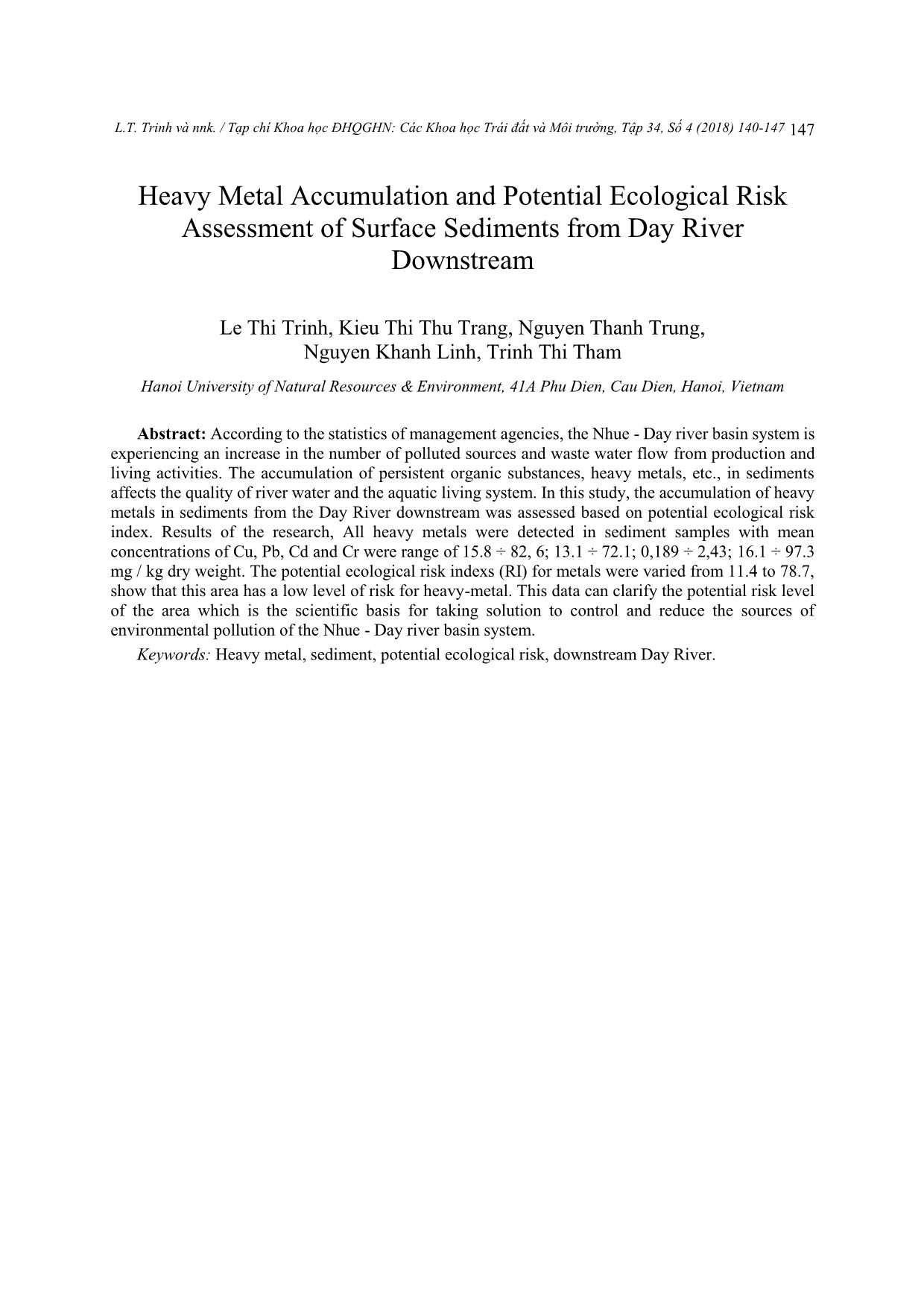 Đánh giá sự tích lũy và rủi ro sinh thái một số kim loại nặng trong trầm tích mặt khu vực hạ lưu sông Đáy trang 8