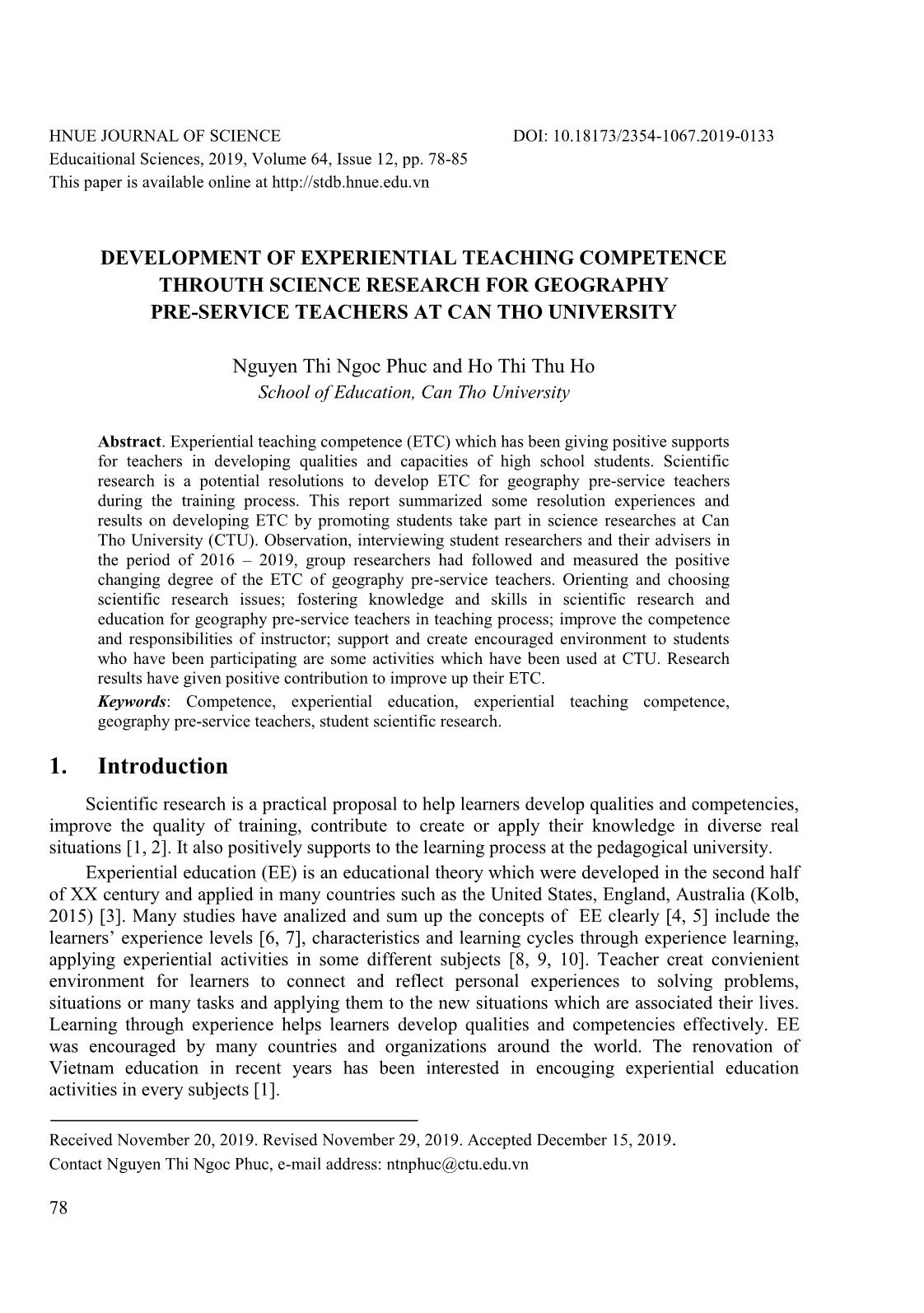 Development of experiential teaching competence throuth science research for geography pre-service teachers at can tho university trang 1