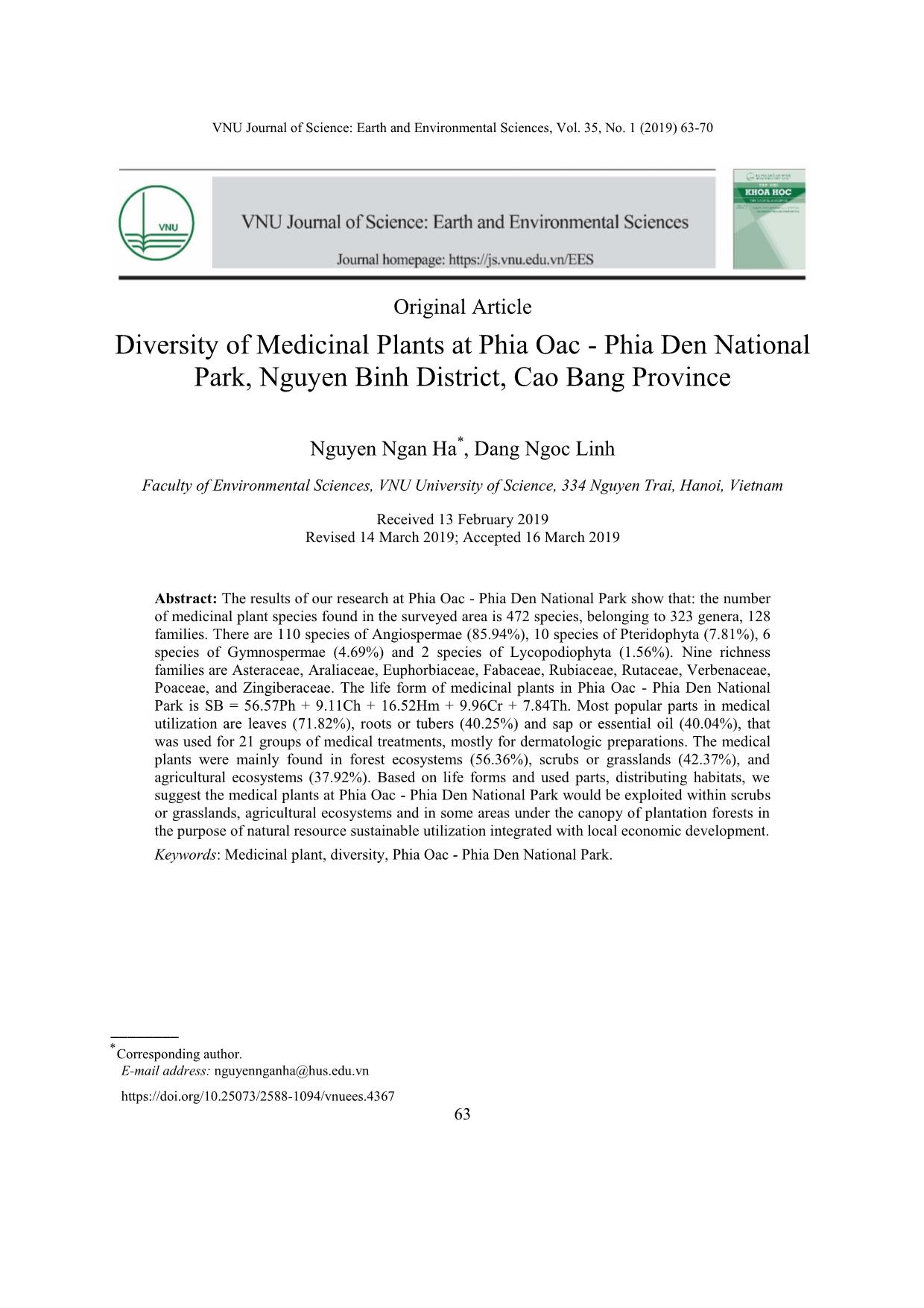 Đa dạng tài nguyên cây thuốc ở Vườn Quốc gia Phia Oắc - Phia Đén, huyện Nguyên Bình, tỉnh Cao Bằng trang 1