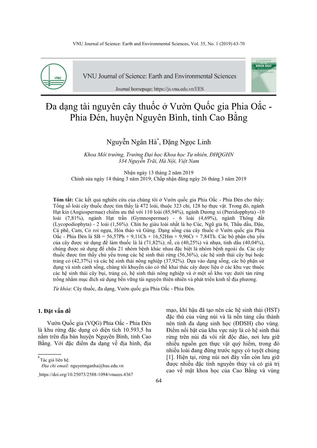 Đa dạng tài nguyên cây thuốc ở Vườn Quốc gia Phia Oắc - Phia Đén, huyện Nguyên Bình, tỉnh Cao Bằng trang 2