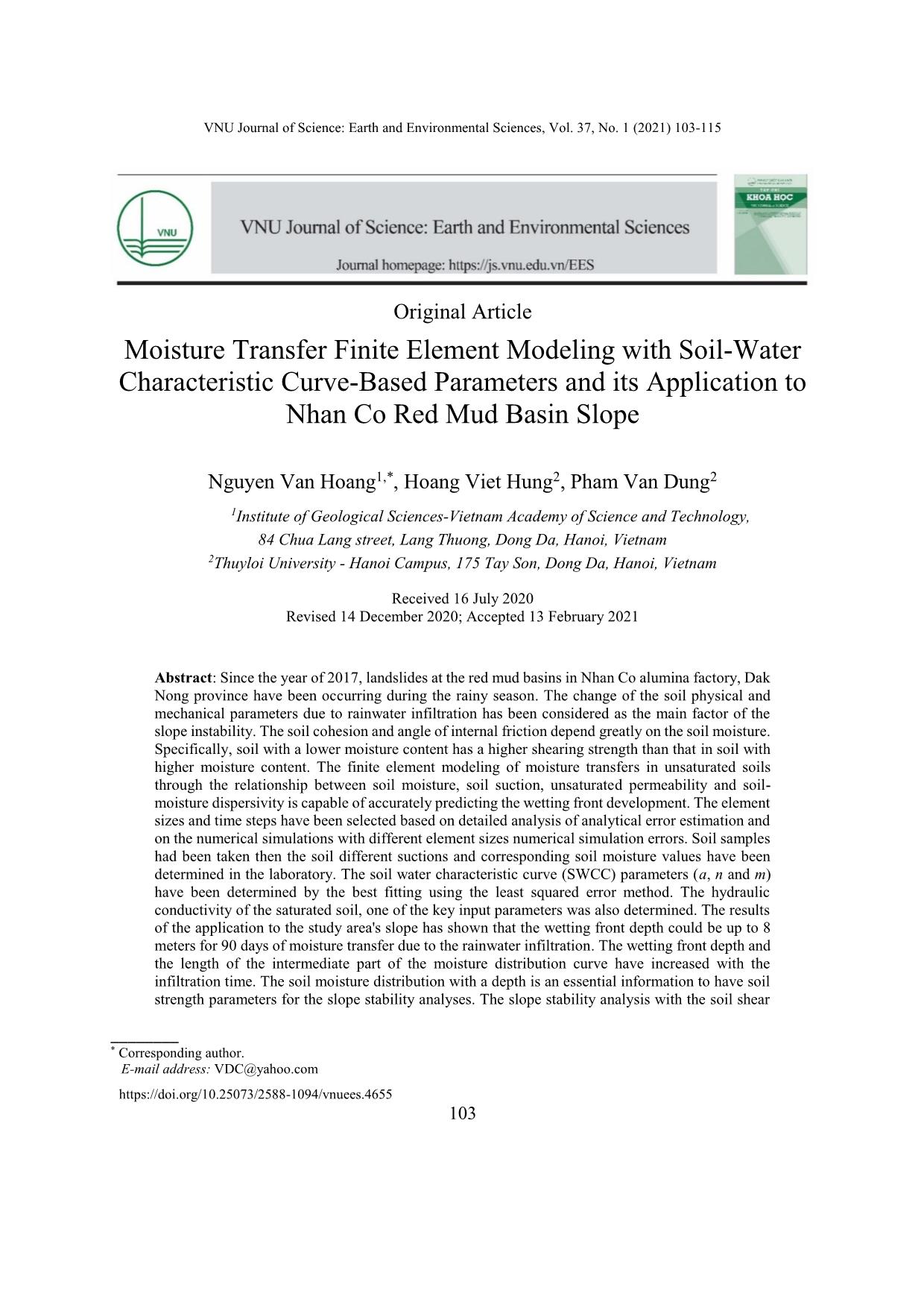 Moisture Transfer Finite Element Modeling with Soil-Water Characteristic Curve-Based Parameters and its Application to Nhan Co Red Mud Basin Slope trang 1