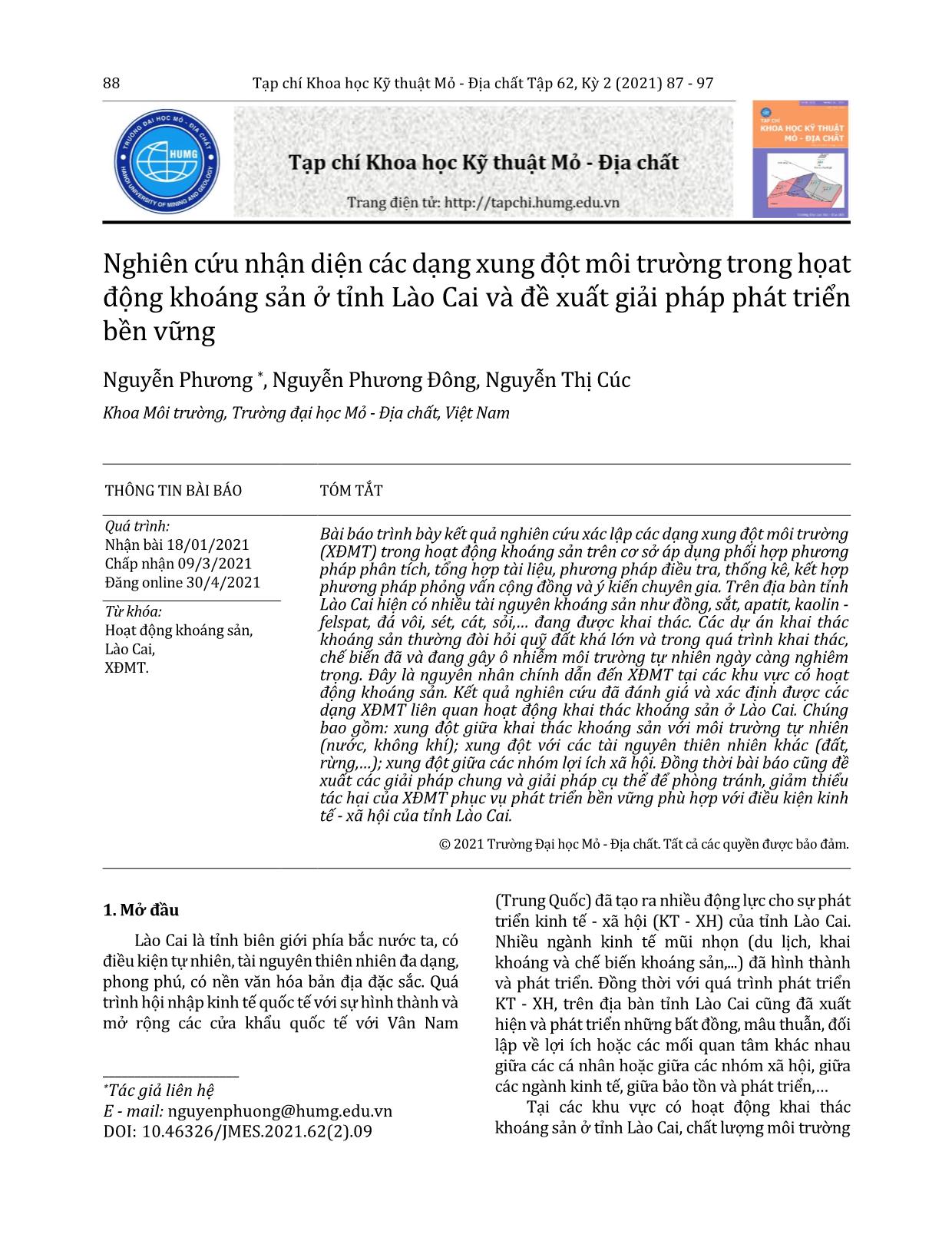 Nghiên cứu nhận diện các dạng xung đột môi trường trong họat động khoáng sản ở tỉnh Lào Cai và đề xuất giải pháp phát triển bền vững trang 2