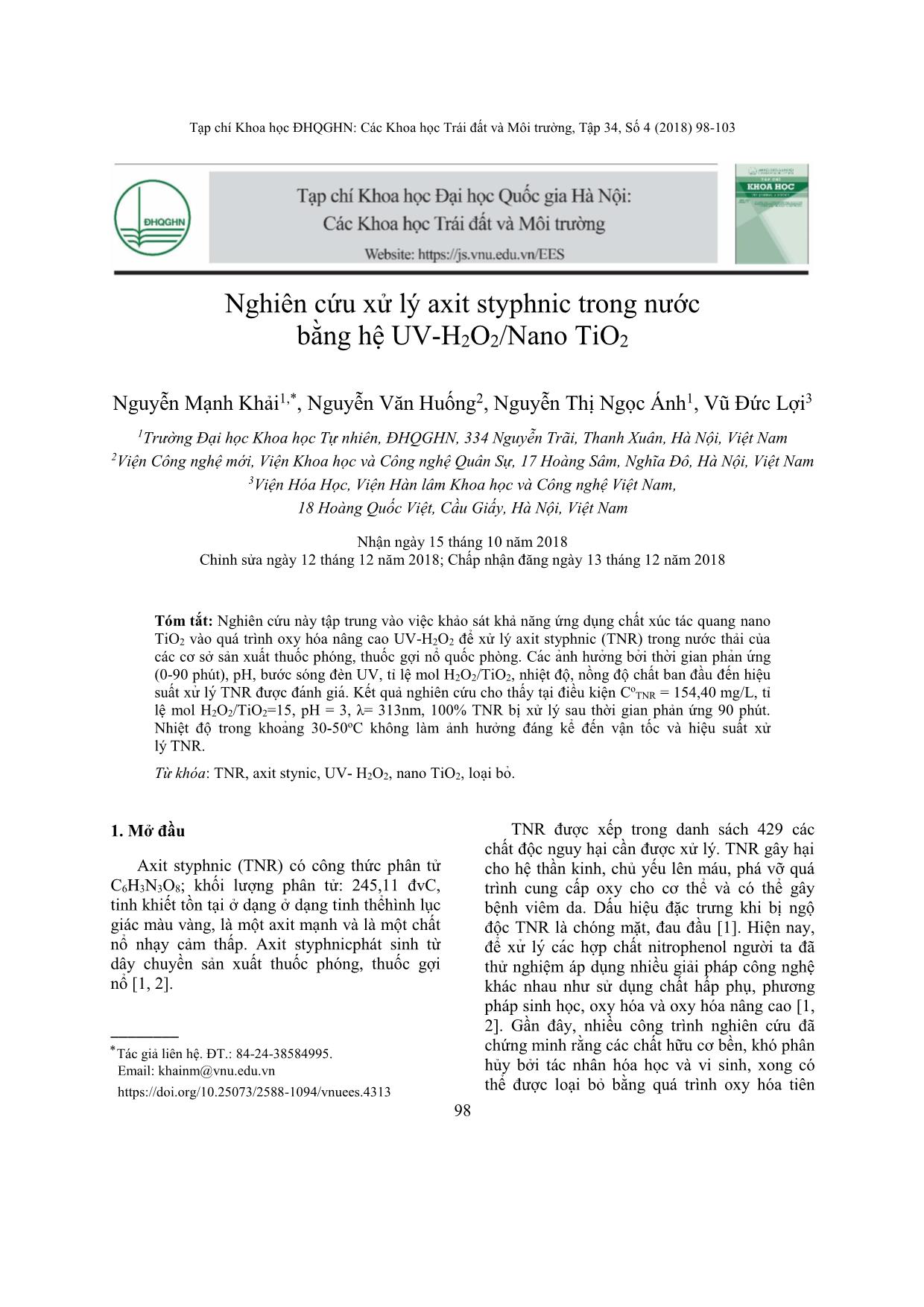 Nghiên cứu xử lý axit styphnic trong nước bằng hệ UV-H₂O₂/Nano TiO₂ trang 1