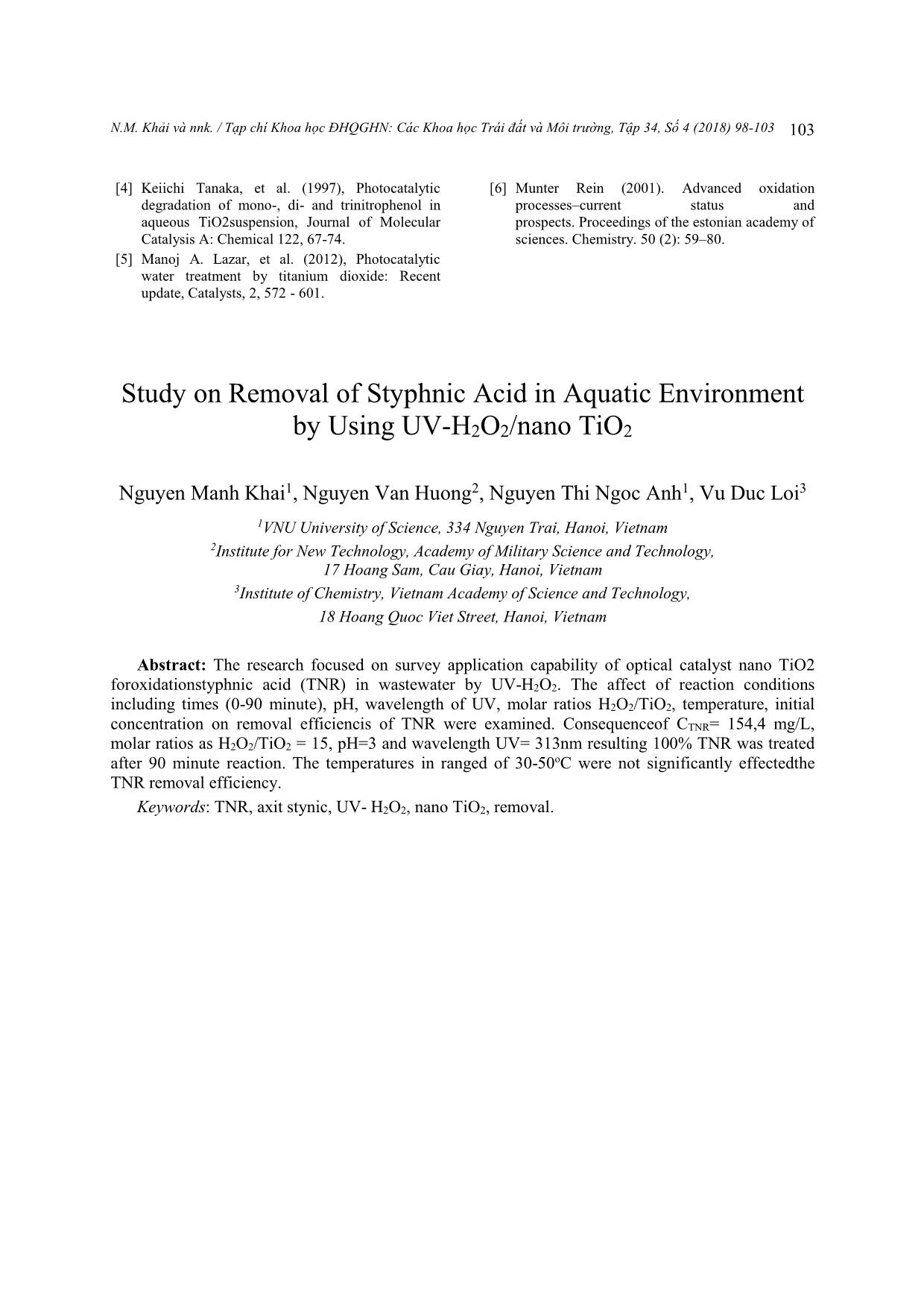 Nghiên cứu xử lý axit styphnic trong nước bằng hệ UV-H₂O₂/Nano TiO₂ trang 6