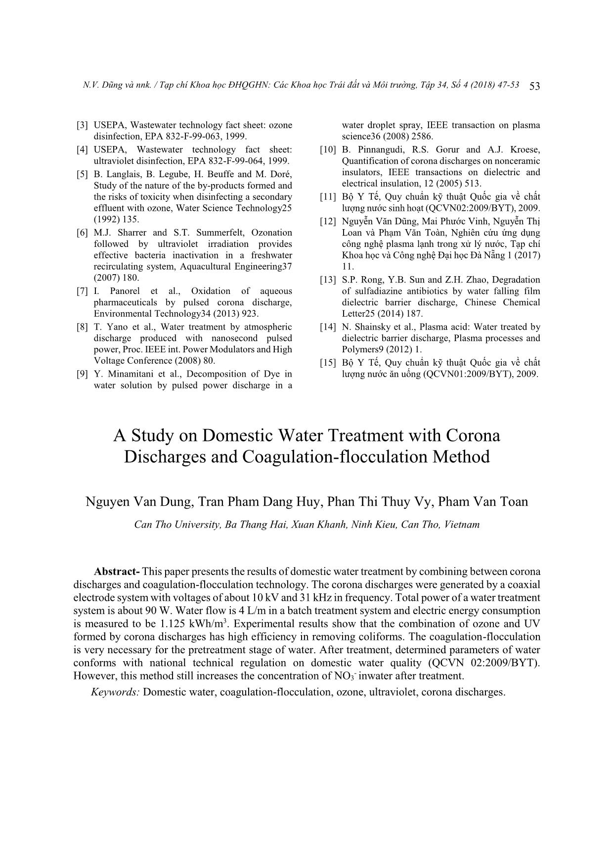 Nghiên cứu xử lý nước cấp sinh hoạt bằng công nghệ phóng điện vầng quang kết hợp keo tụ tạo bông trang 7