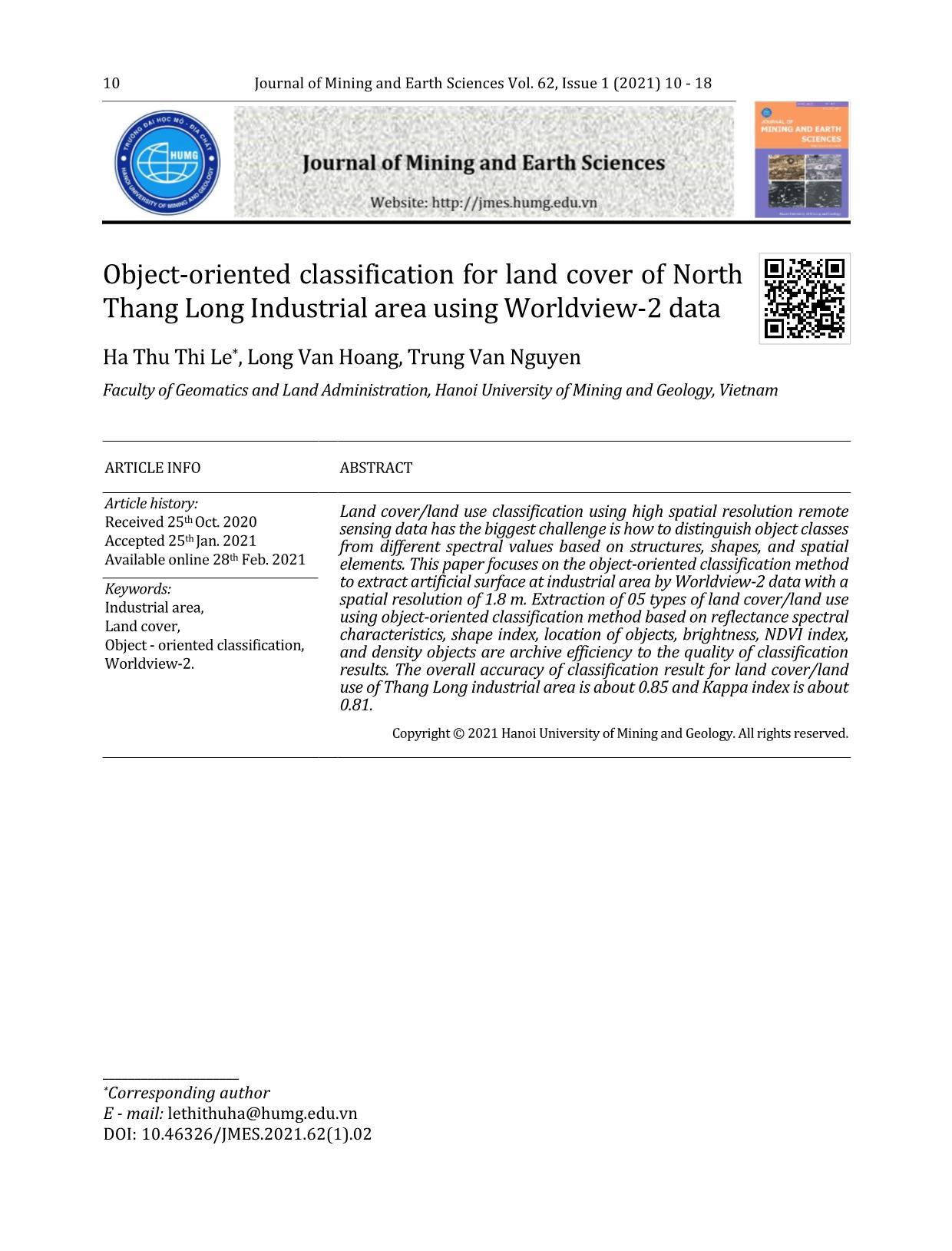 Phân loại lớp phủ bề mặt khu công nghiệp Bắc Thăng Long bằng phương pháp phân loại hướng đối tượng sử dụng dữ liệu ảnh vệ tinh độ phân giải cao Worldview-2 trang 1